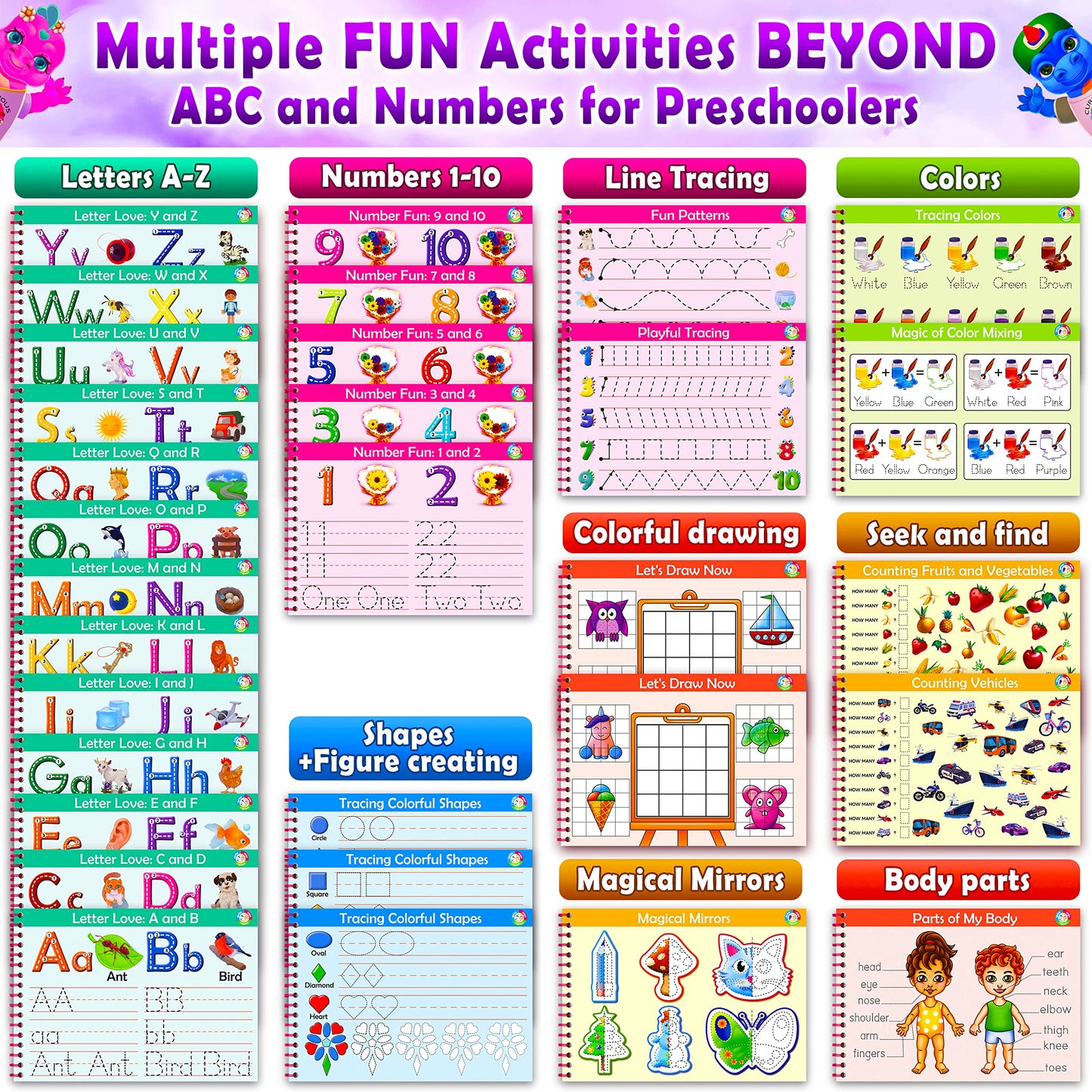 Curious 2 Learn Hardcover Preschool Workbook – 32 Montessori Activities & 9 Markers
