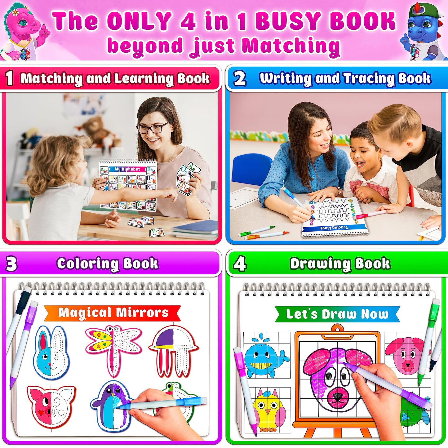 Curious 2 Learn Montessori Busy Book for Toddlers 3–5 | 28 Activities, Travel Bag, 8 Markers