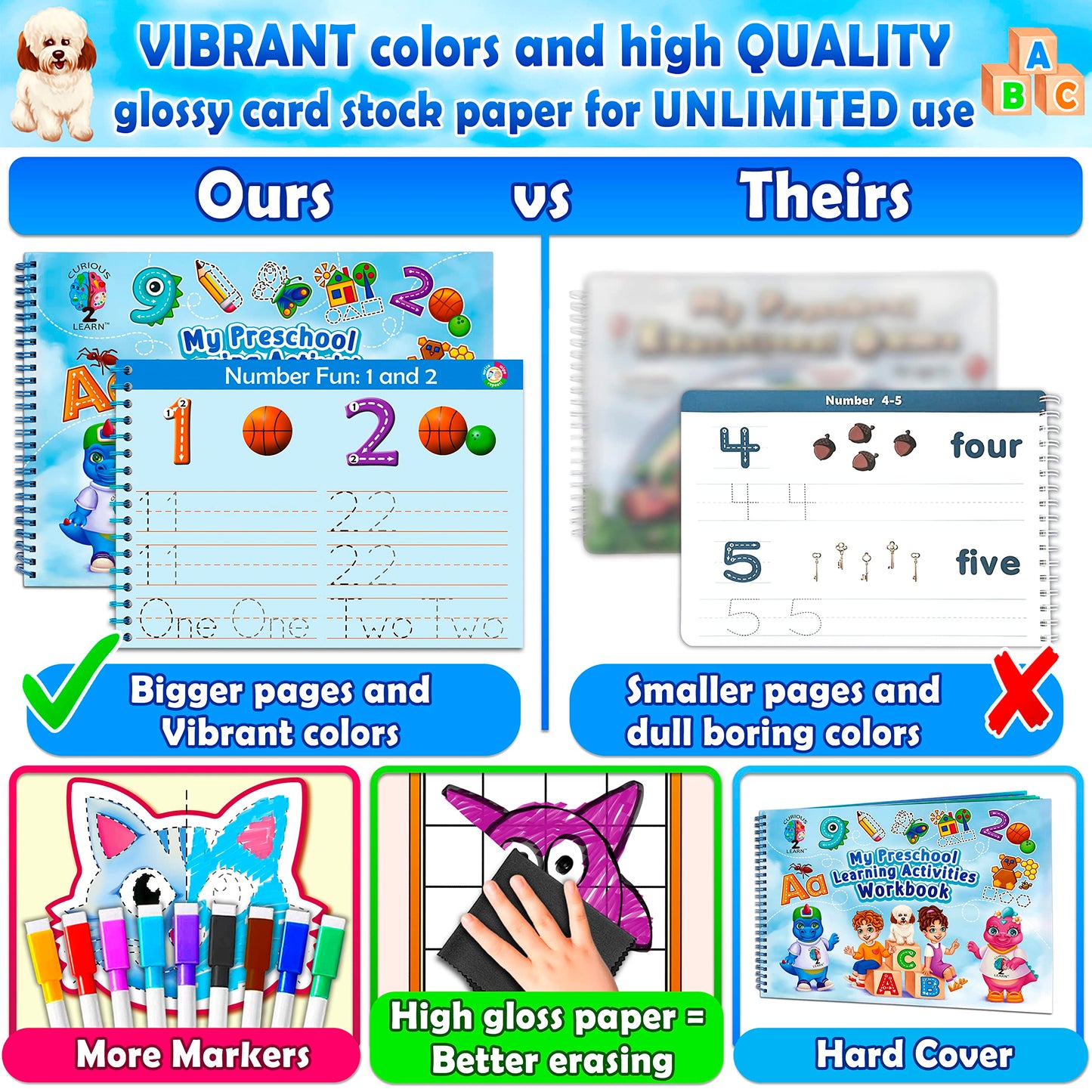 Curious 2 Learn Hardcover Preschool Activity Workbook | 32 Montessori Activities + 9 Markers (Ages 3–5)