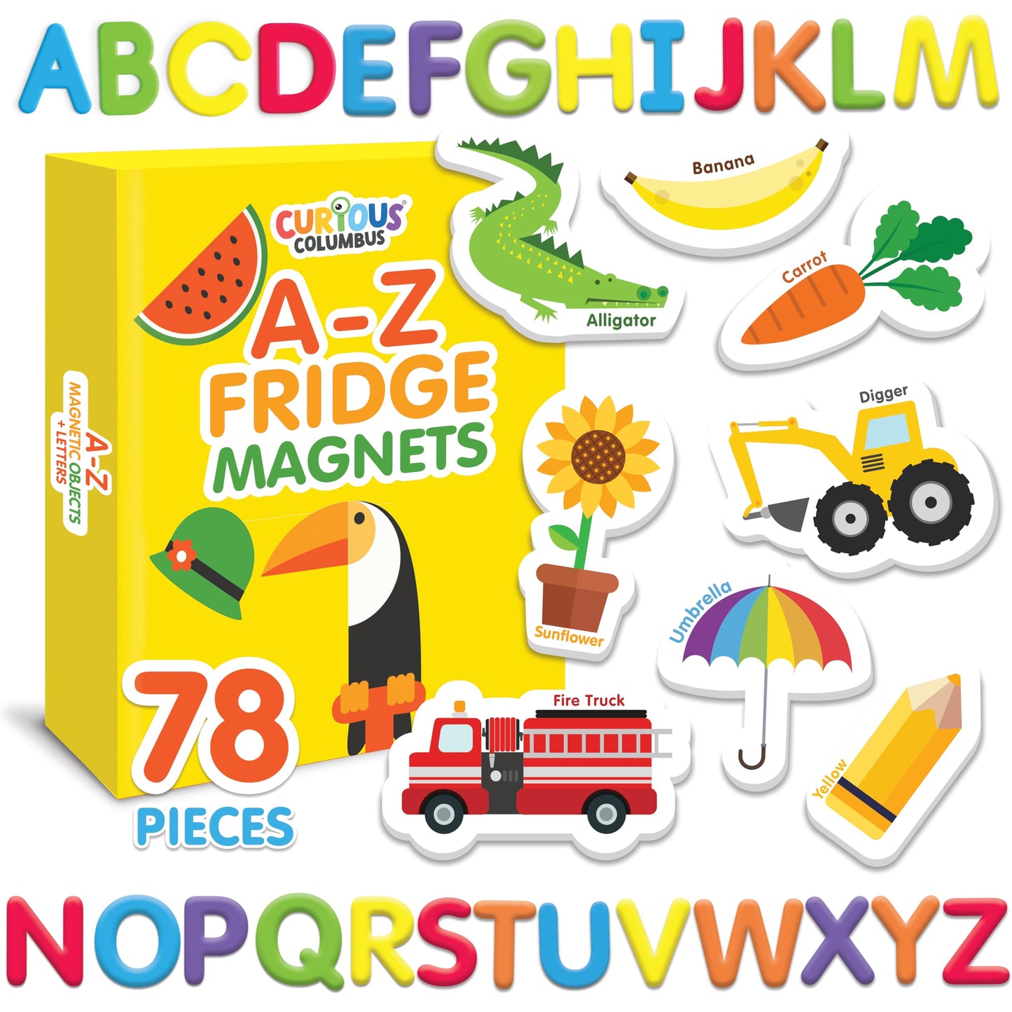 Curious Columbus Magnetic Objects & Letters – 78 Foam Magnets (52 Pictures, 26 A–Z) | Preschool Educational Toy
