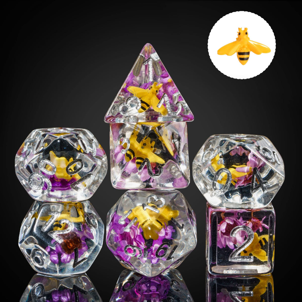 Cusdie 7-Die DND Dice Set — Bee Purple Flower Filled Polyhedral Dice for D&D