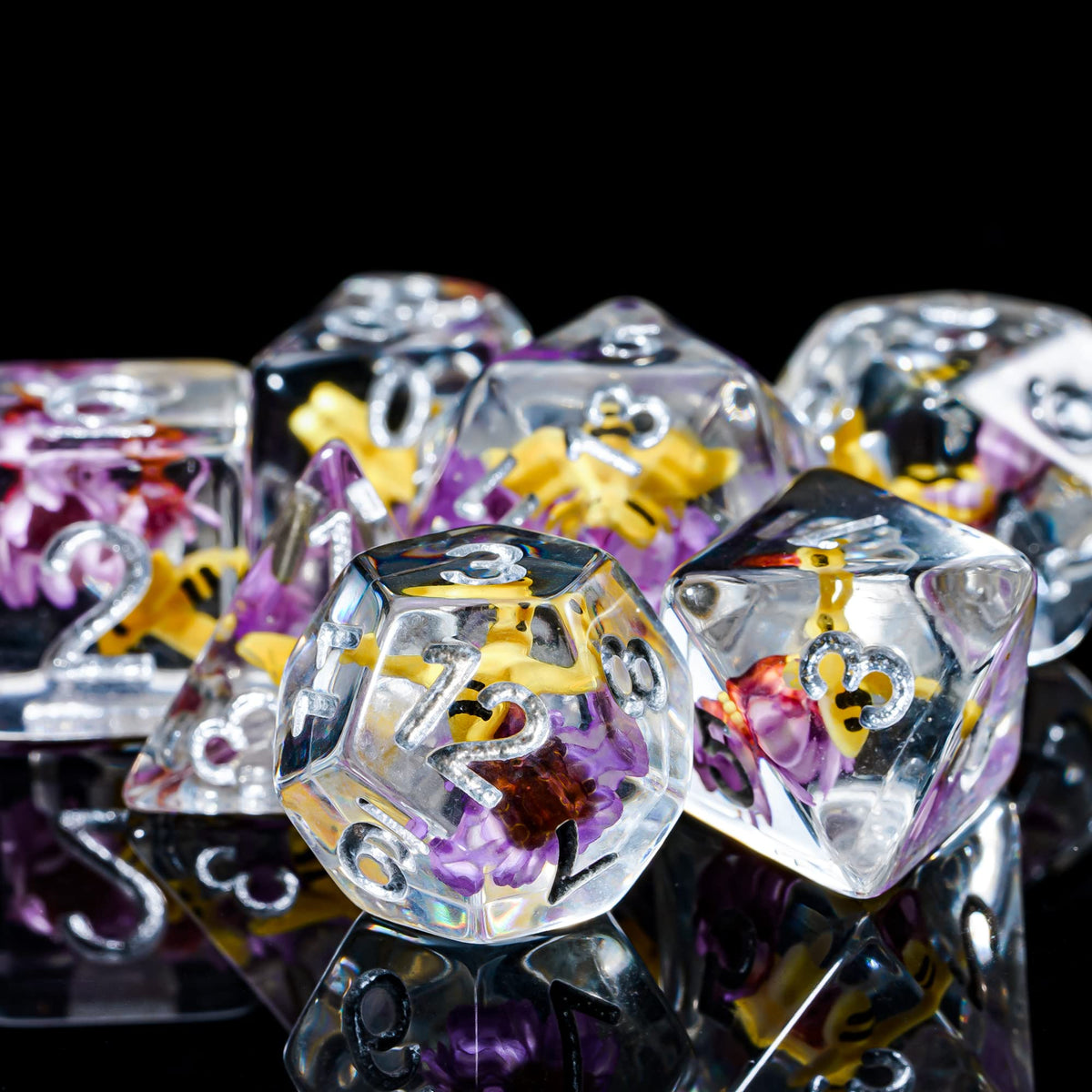 Cusdie 7-Die DND Dice Set — Bee Purple Flower Filled Polyhedral Dice for D&D