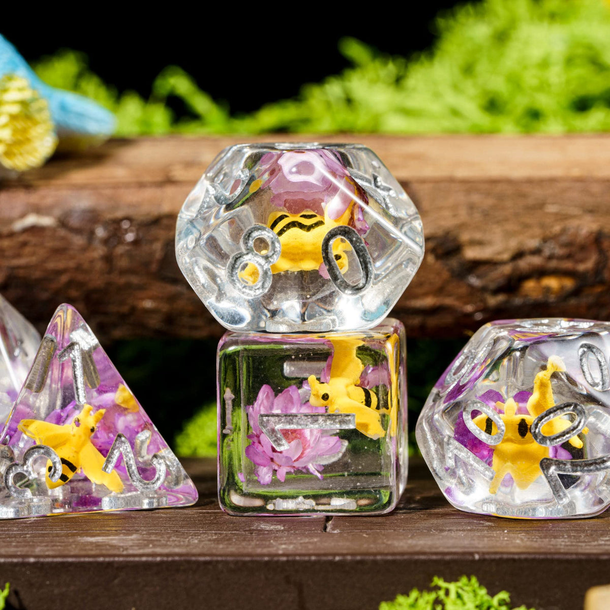 Cusdie 7-Die DND Dice Set — Bee Purple Flower Filled Polyhedral Dice for D&D