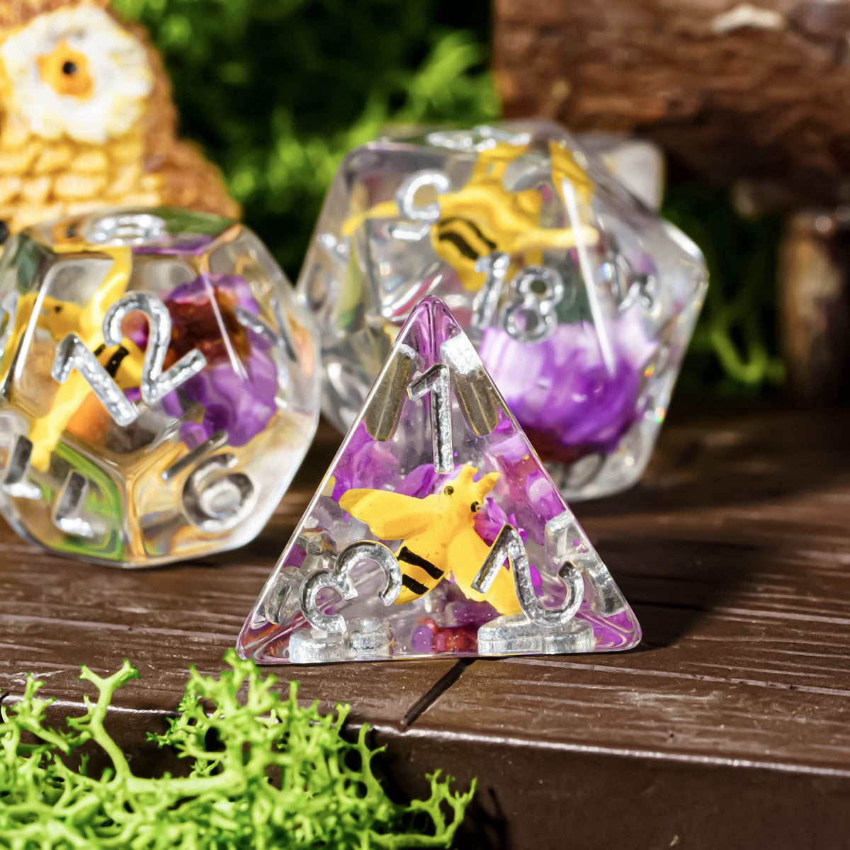Cusdie 7-Die DND Dice Set — Bee Purple Flower Filled Polyhedral Dice for D&D