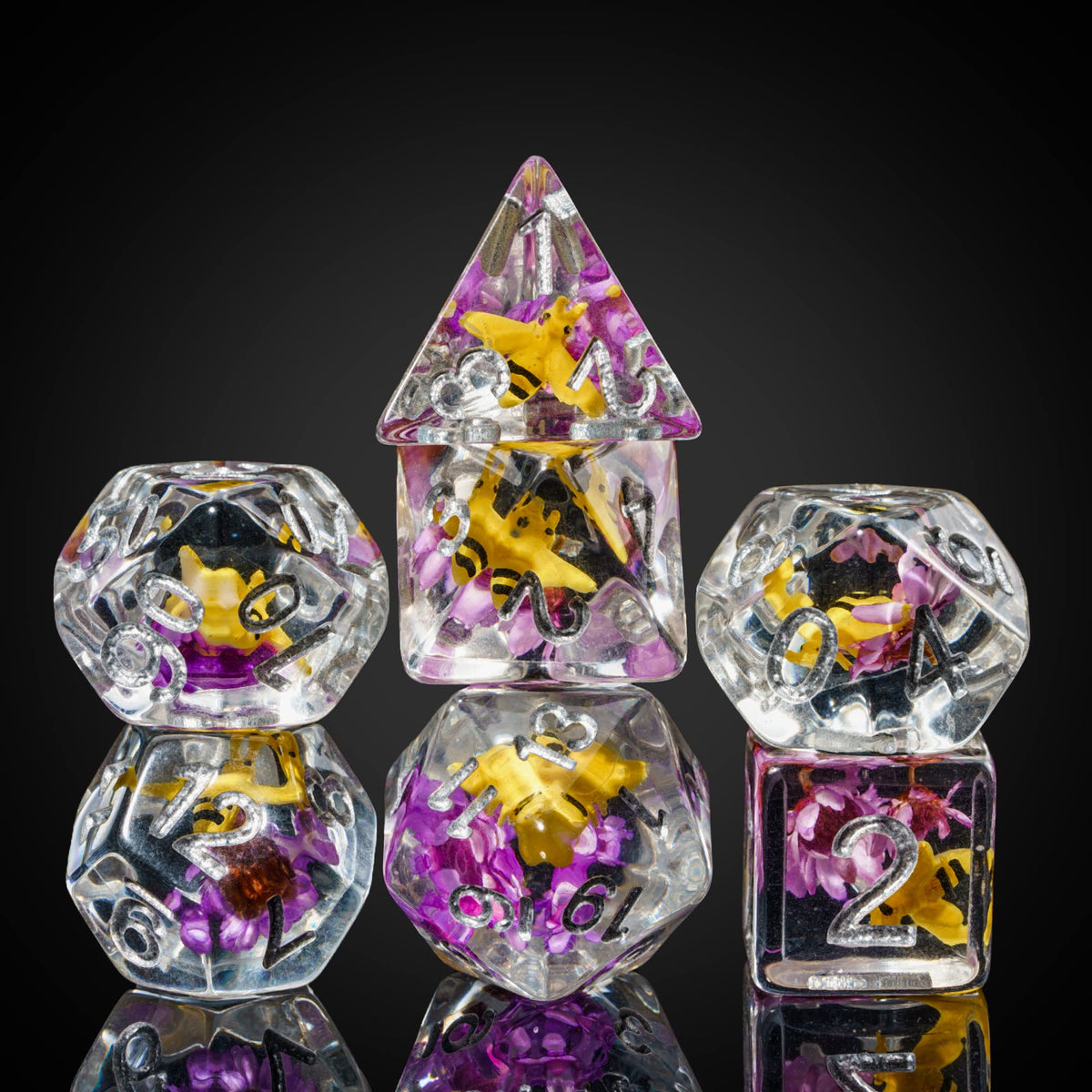 Cusdie 7-Die DND Dice Set — Bee Purple Flower Filled Polyhedral Dice for D&D