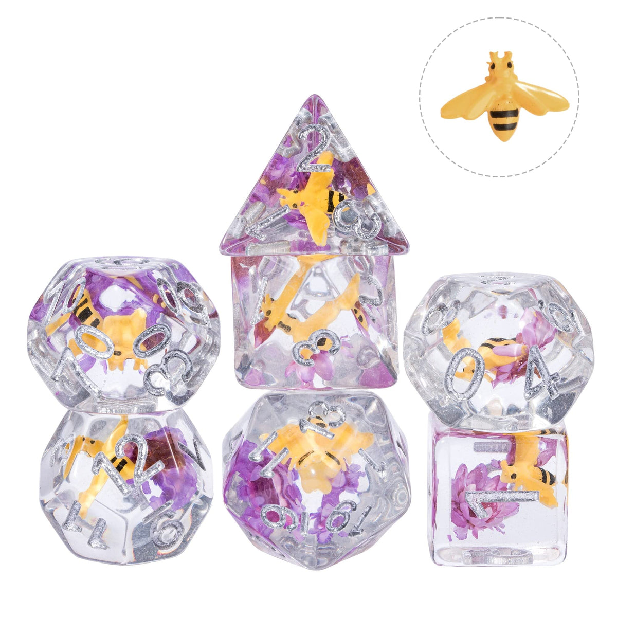 Cusdie 7-Die DND Dice Set — Bee Purple Flower Filled Polyhedral Dice for D&D