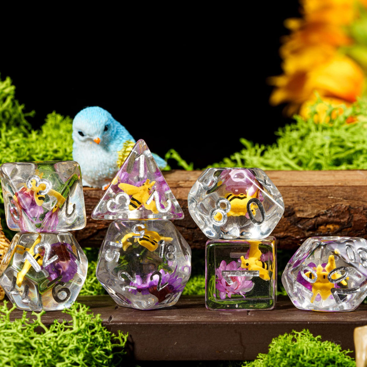 Cusdie 7-Die DND Dice Set — Bee Purple Flower Filled Polyhedral Dice for D&D