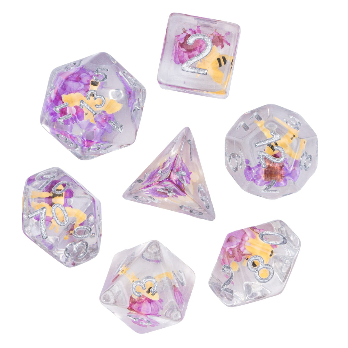 Cusdie 7-Die DND Dice Set — Bee Purple Flower Filled Polyhedral Dice for D&D