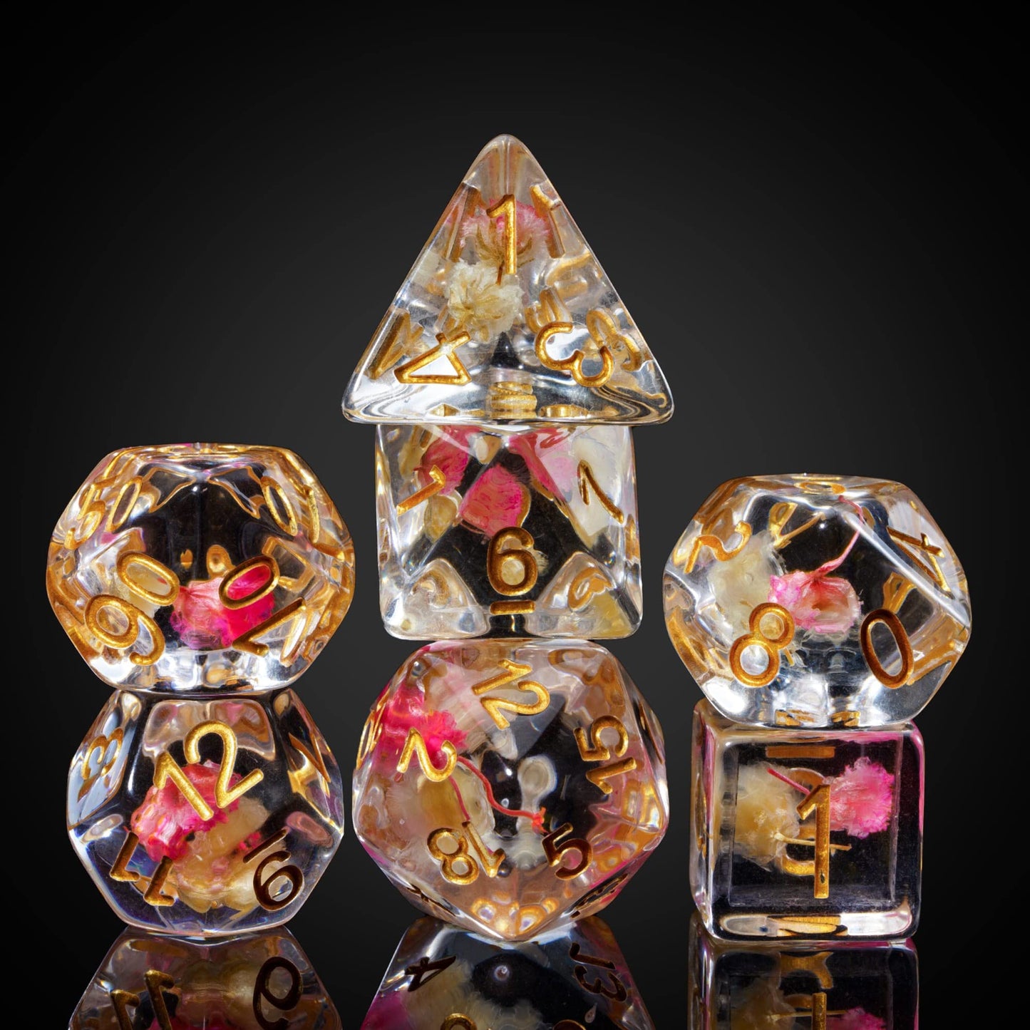 Cusdie 7-Die DND Dice: Flower-Filled Rose & White Polyhedral Dice with Golden Numbers