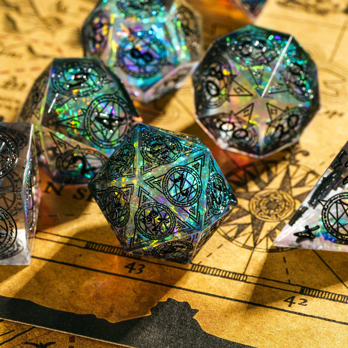 Cusdie 7-Die Sharp Edges D&D Dice Set — Magic Circle Pattern Polyhedral Dice for TTRPGs