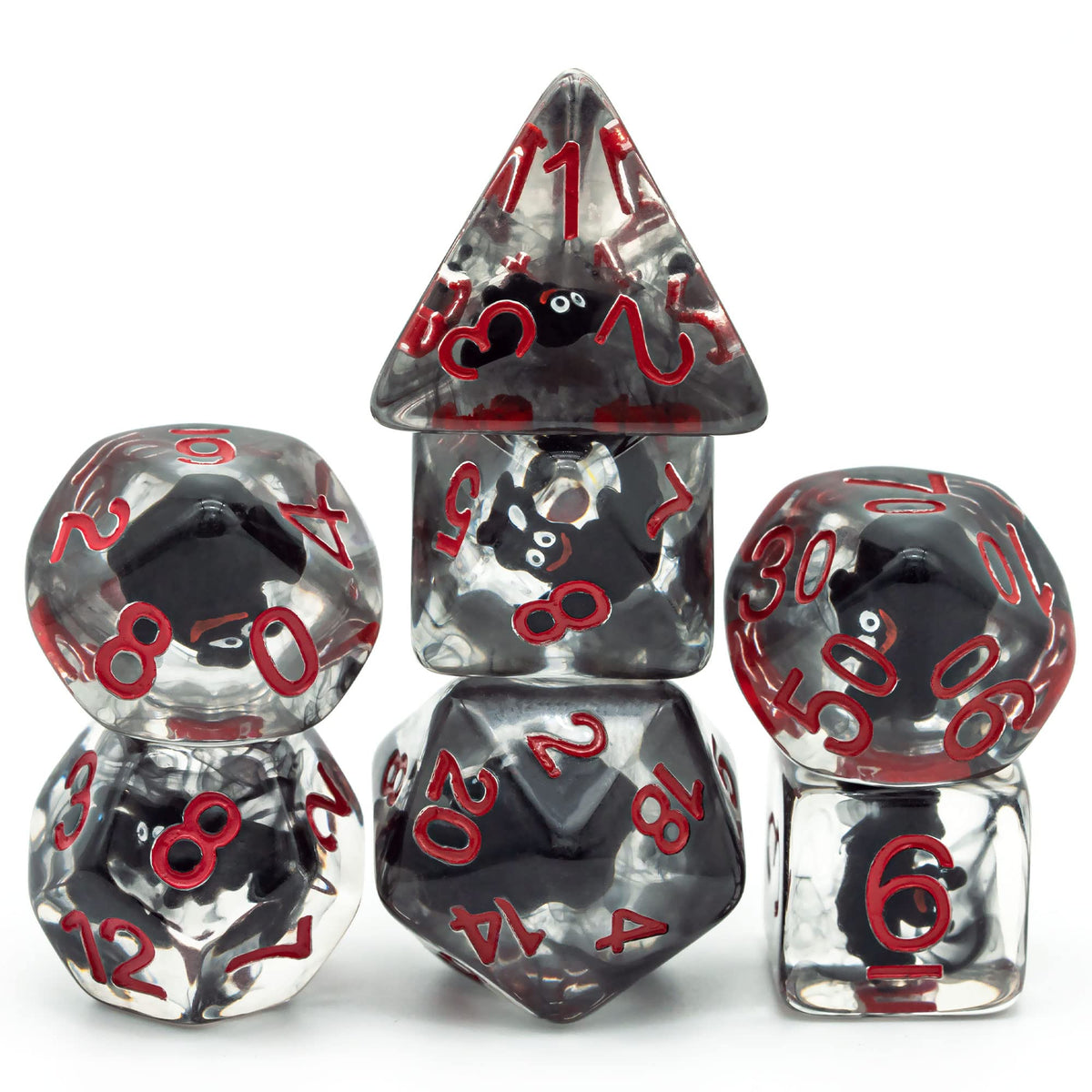 Cusdie 7-Die Bat-Filled DND Dice Set – Handmade Resin Polyhedral Dice for Halloween RPGs