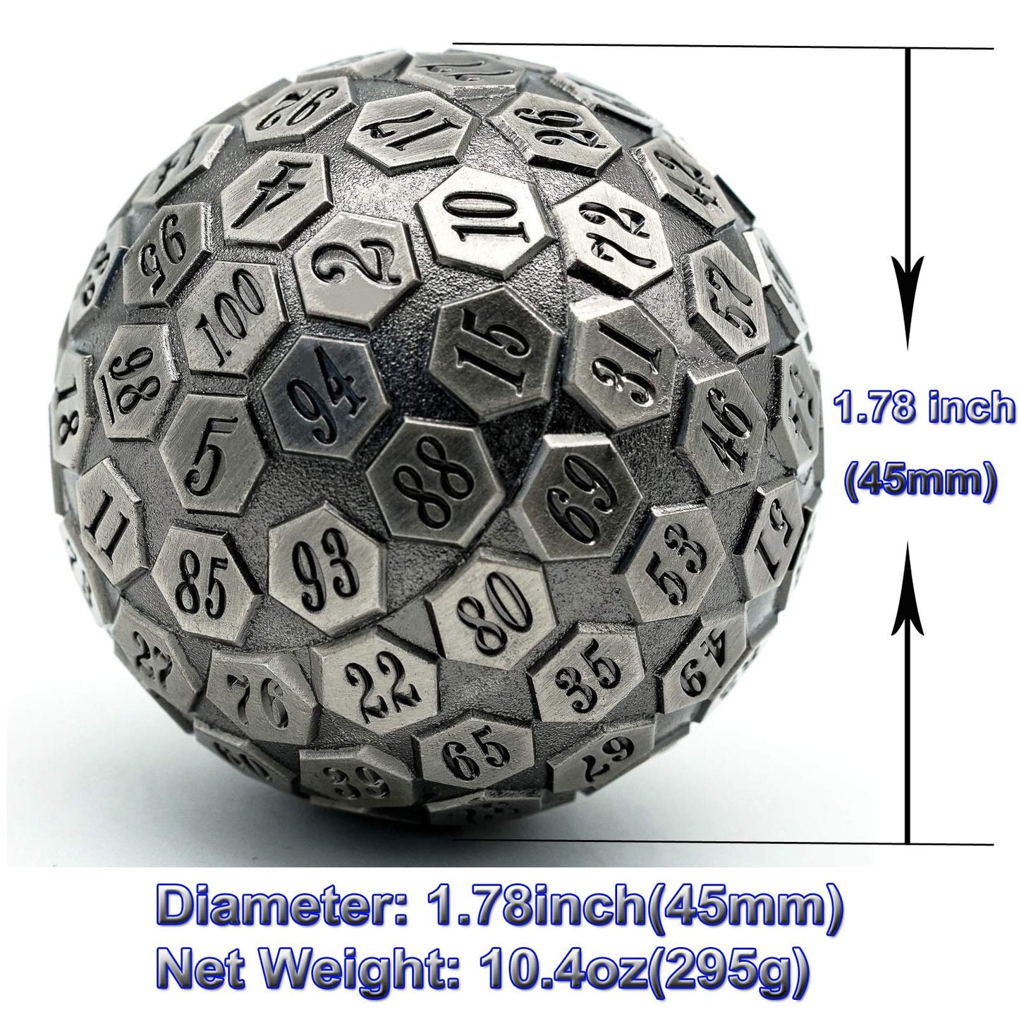 Cusdie D100 DND Metal Dice – 100-Sided Giant Die with Gift Box (Ancient Silver)