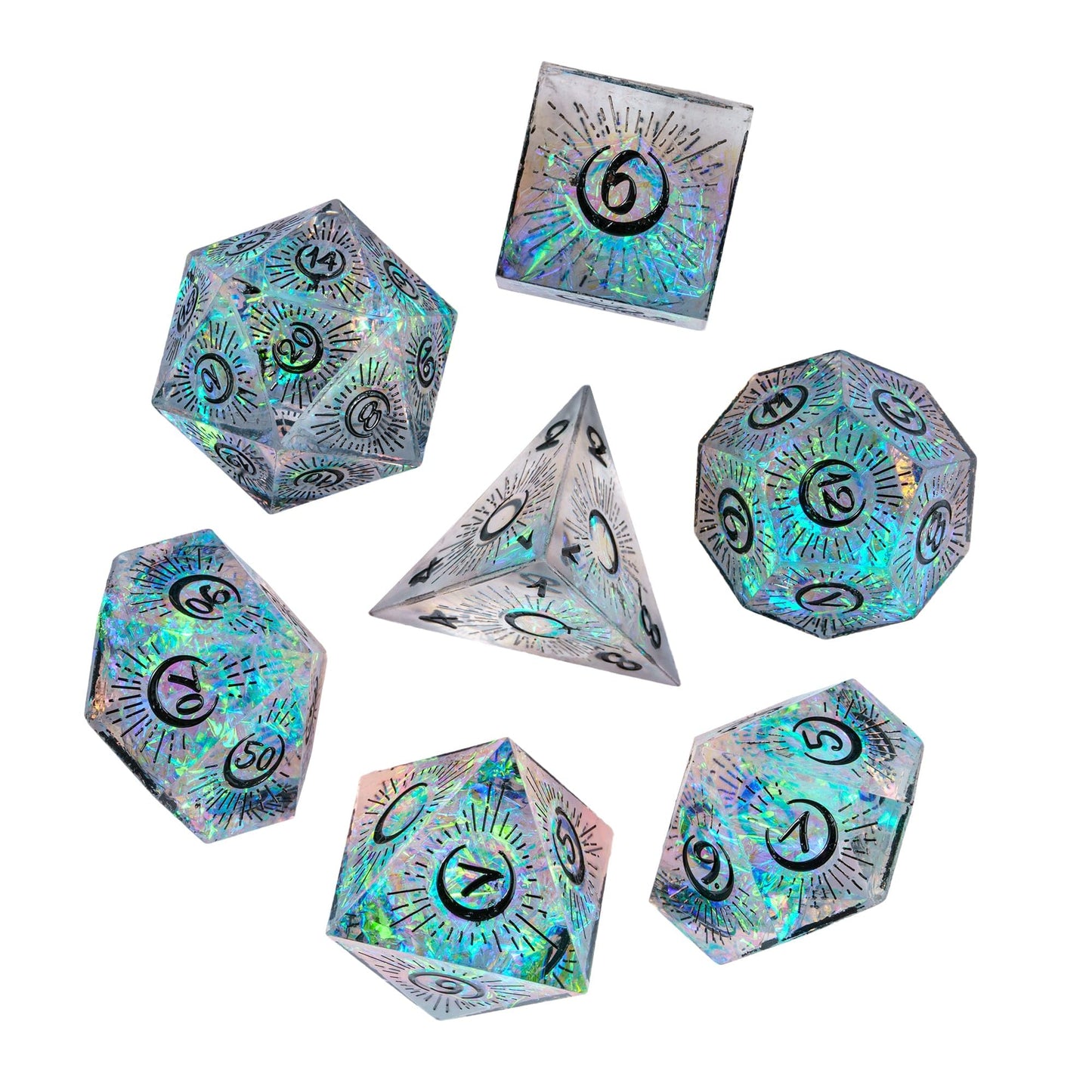 Cusdie Sharp Edges Moon Dice Set – 7-Piece DND Dice for RPGs (Moon/Black)