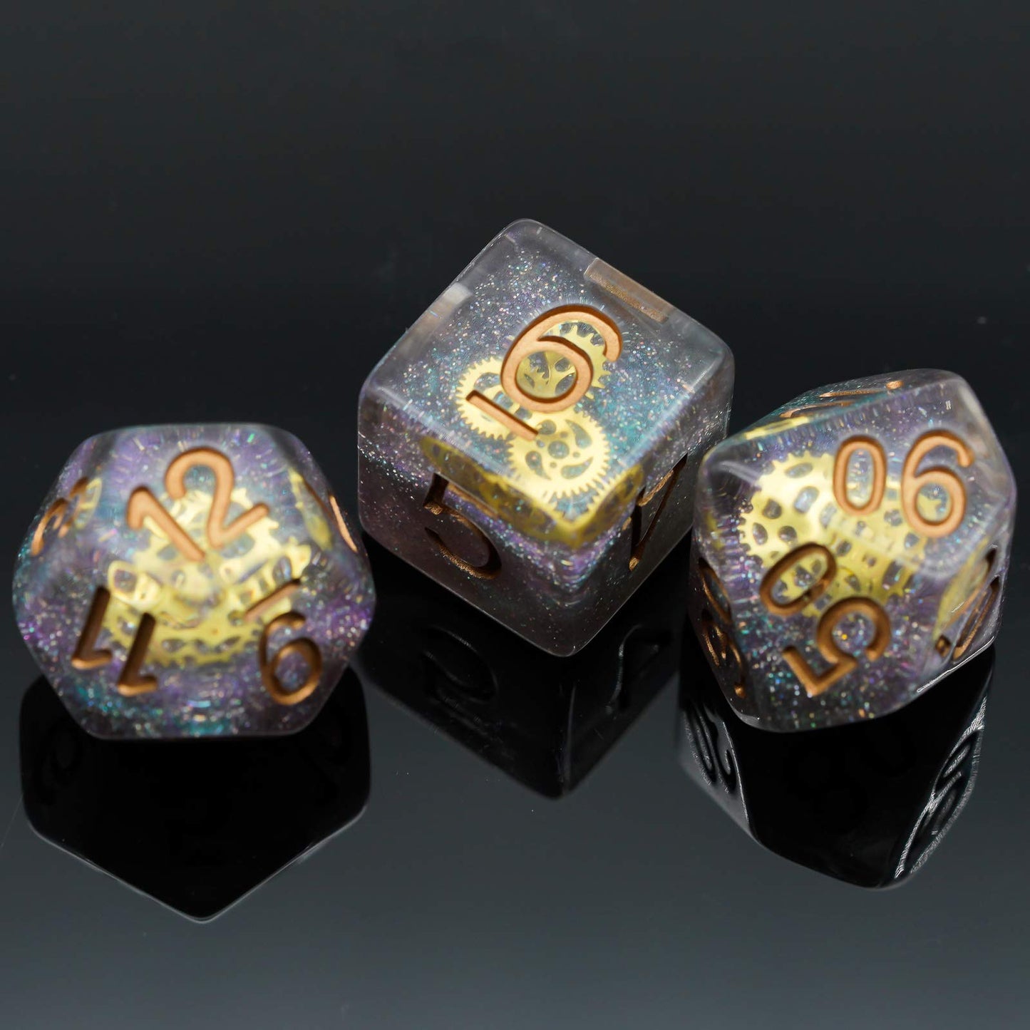 Cusdie Gear-Filled Galaxy DND Dice Set with Golden Gears | Polyhedral Dice