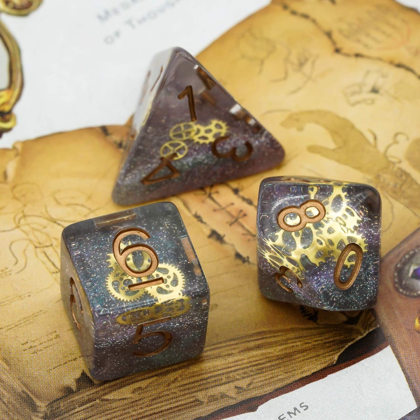 Cusdie Gear-Filled Galaxy DND Dice Set with Golden Gears | Polyhedral Dice