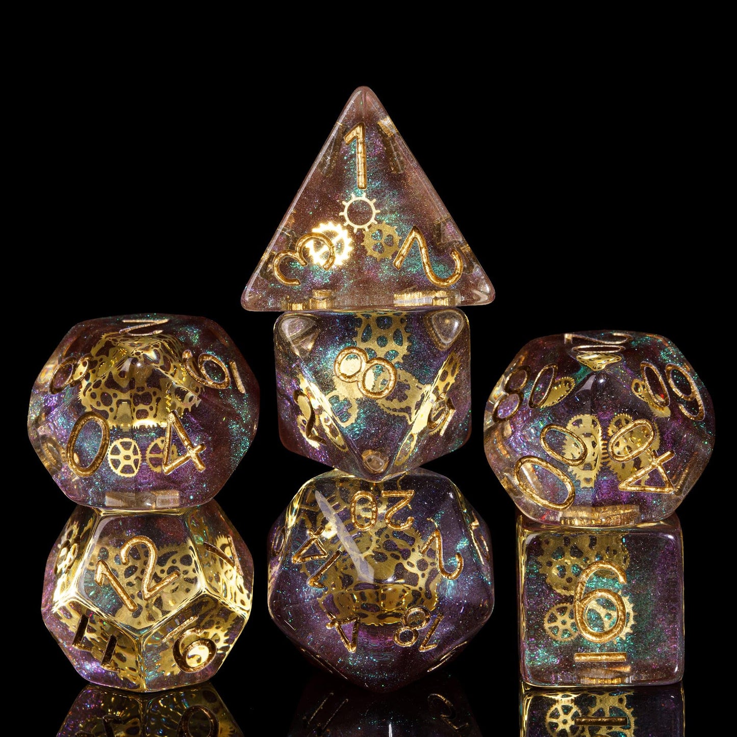 Cusdie Gear-Filled Galaxy DND Dice Set with Golden Gears | Polyhedral Dice