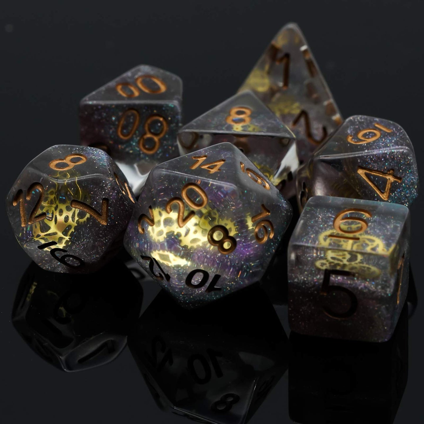 Cusdie Gear-Filled Galaxy DND Dice Set with Golden Gears | Polyhedral Dice