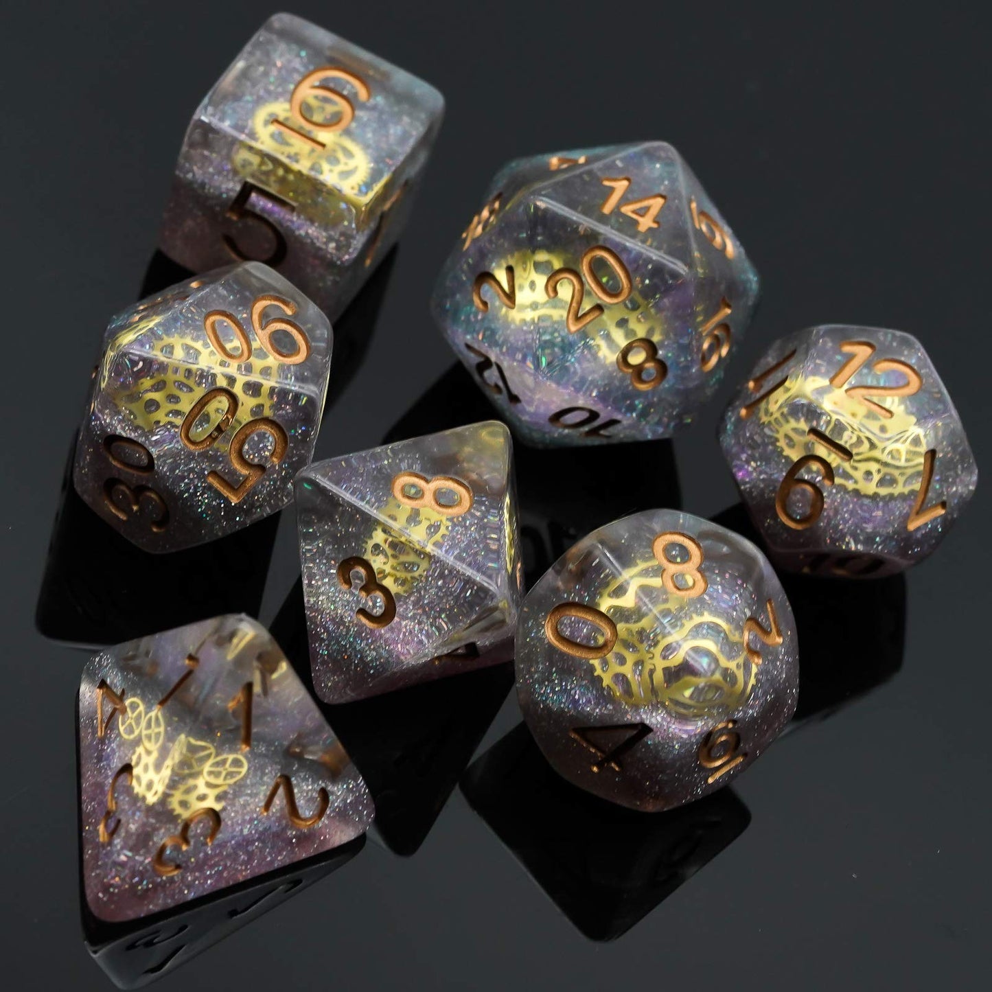 Cusdie Gear-Filled Galaxy DND Dice Set with Golden Gears | Polyhedral Dice