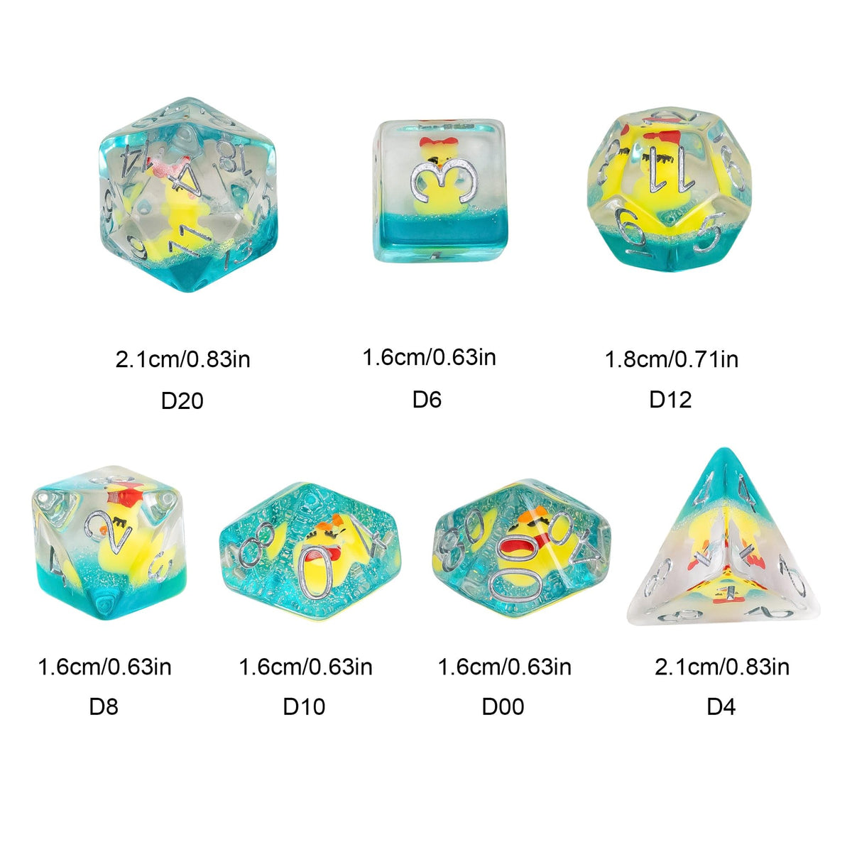 Cusdie DND Dice Set - 7-Piece Transparent Dice with Bow-Tied Yellow Duck, Velvet Pouch