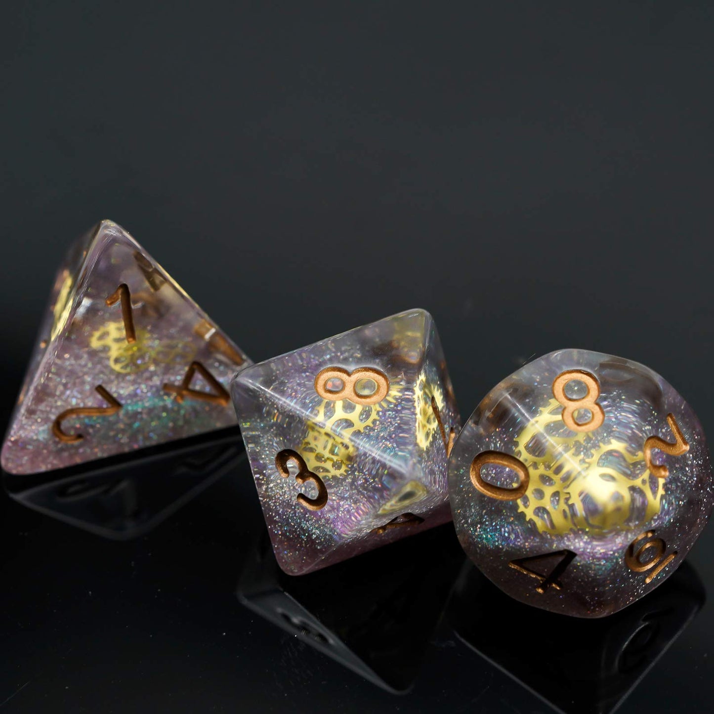 Cusdie Gear-Filled Galaxy DND Dice Set with Golden Gears | Polyhedral Dice