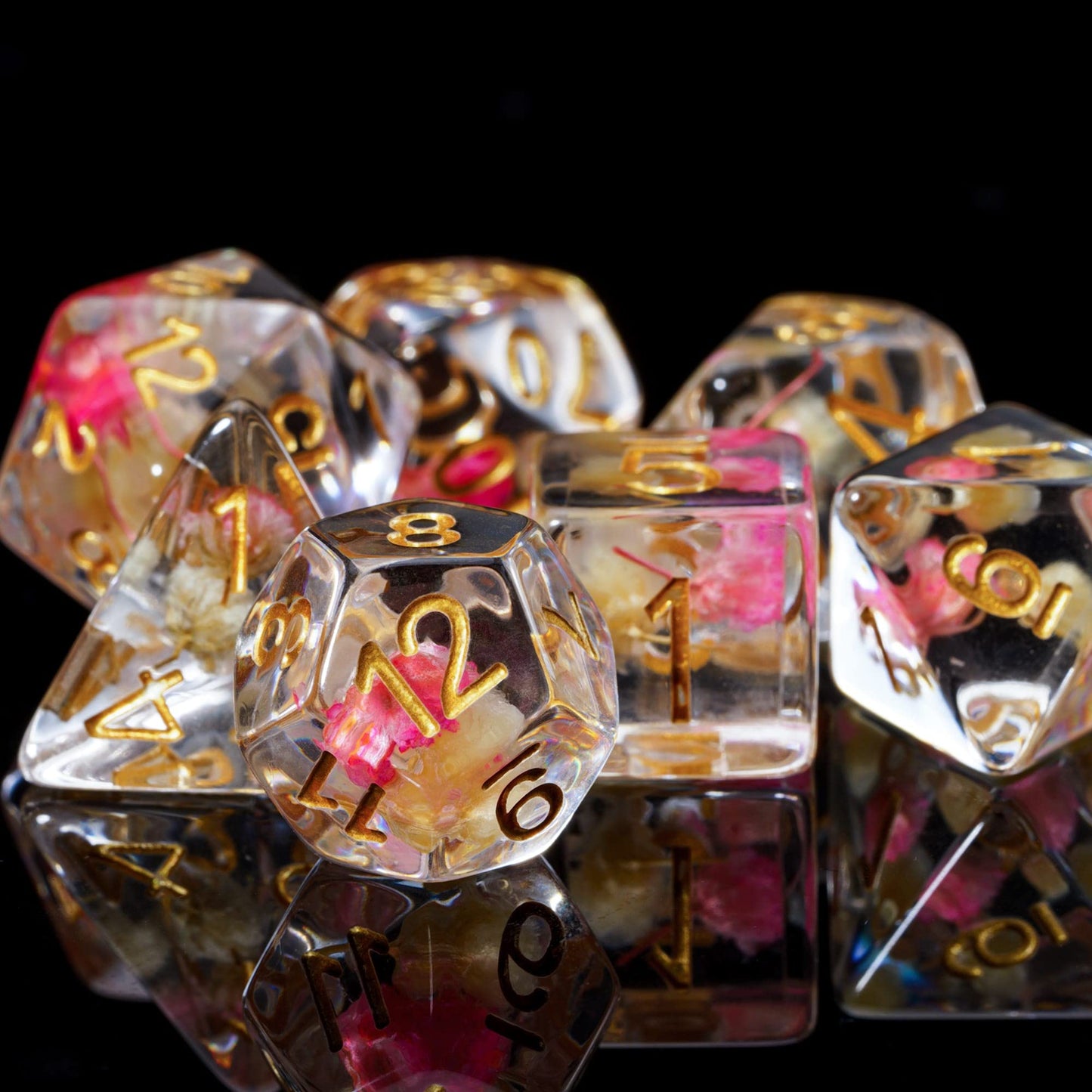 Cusdie 7-Die DND Dice: Flower-Filled Rose & White Polyhedral Dice with Golden Numbers