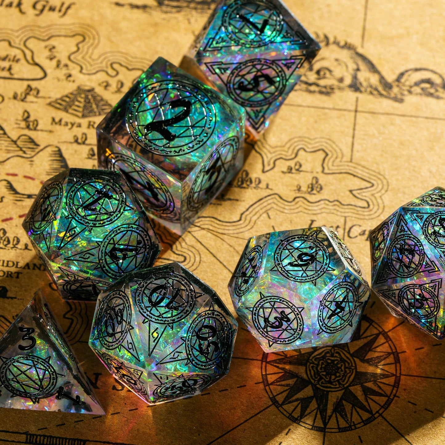 Cusdie 7-Die Sharp Edges D&D Dice Set — Magic Circle Pattern Polyhedral Dice for TTRPGs