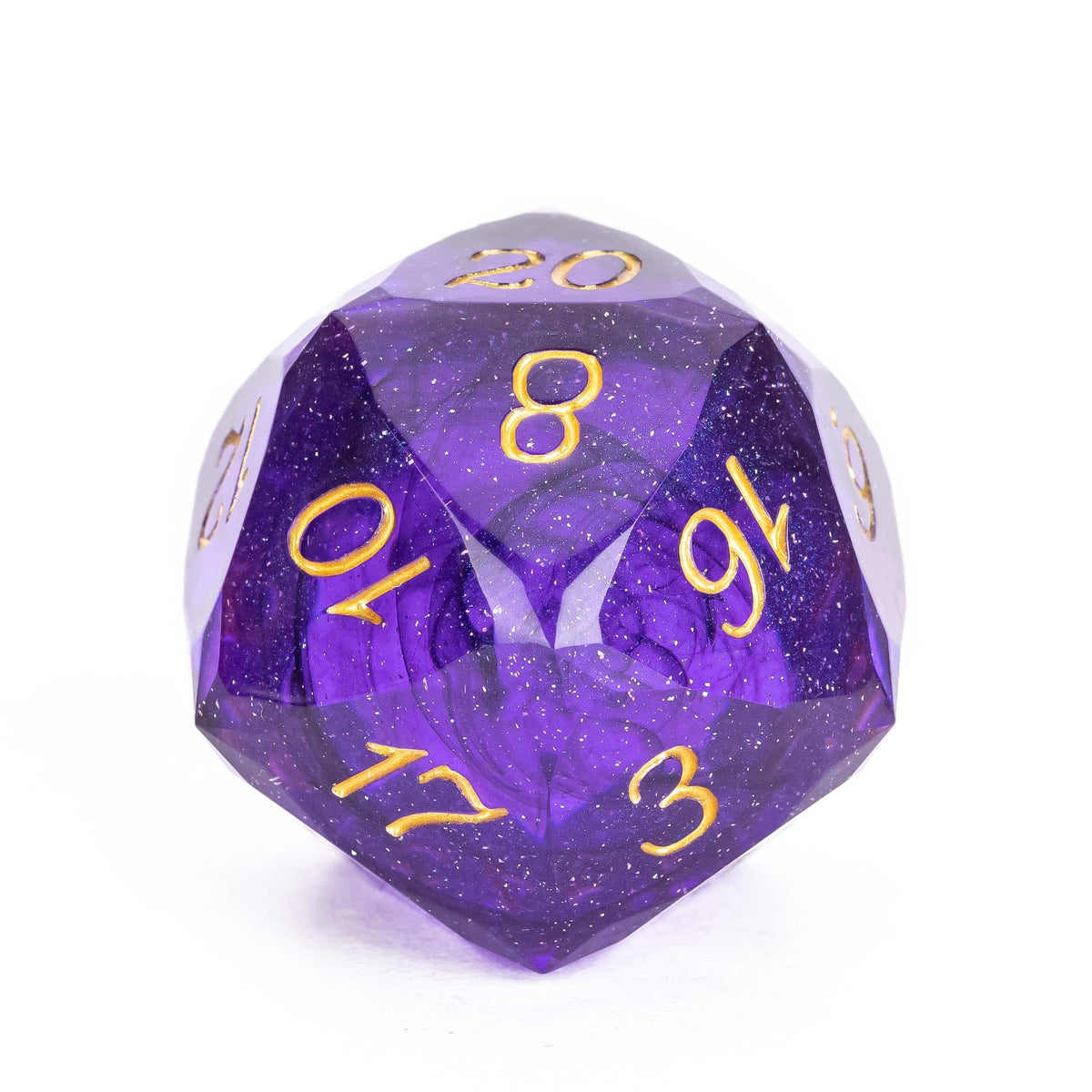 Cusdie Purple & Black D20 Dice — Cut Sharp Edges, Glitter Foil, 30mm Handcrafted