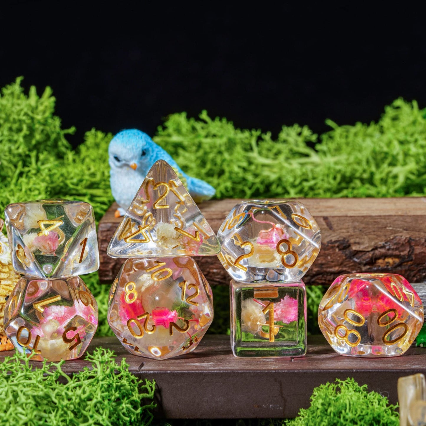 Cusdie 7-Die DND Dice: Flower-Filled Rose & White Polyhedral Dice with Golden Numbers