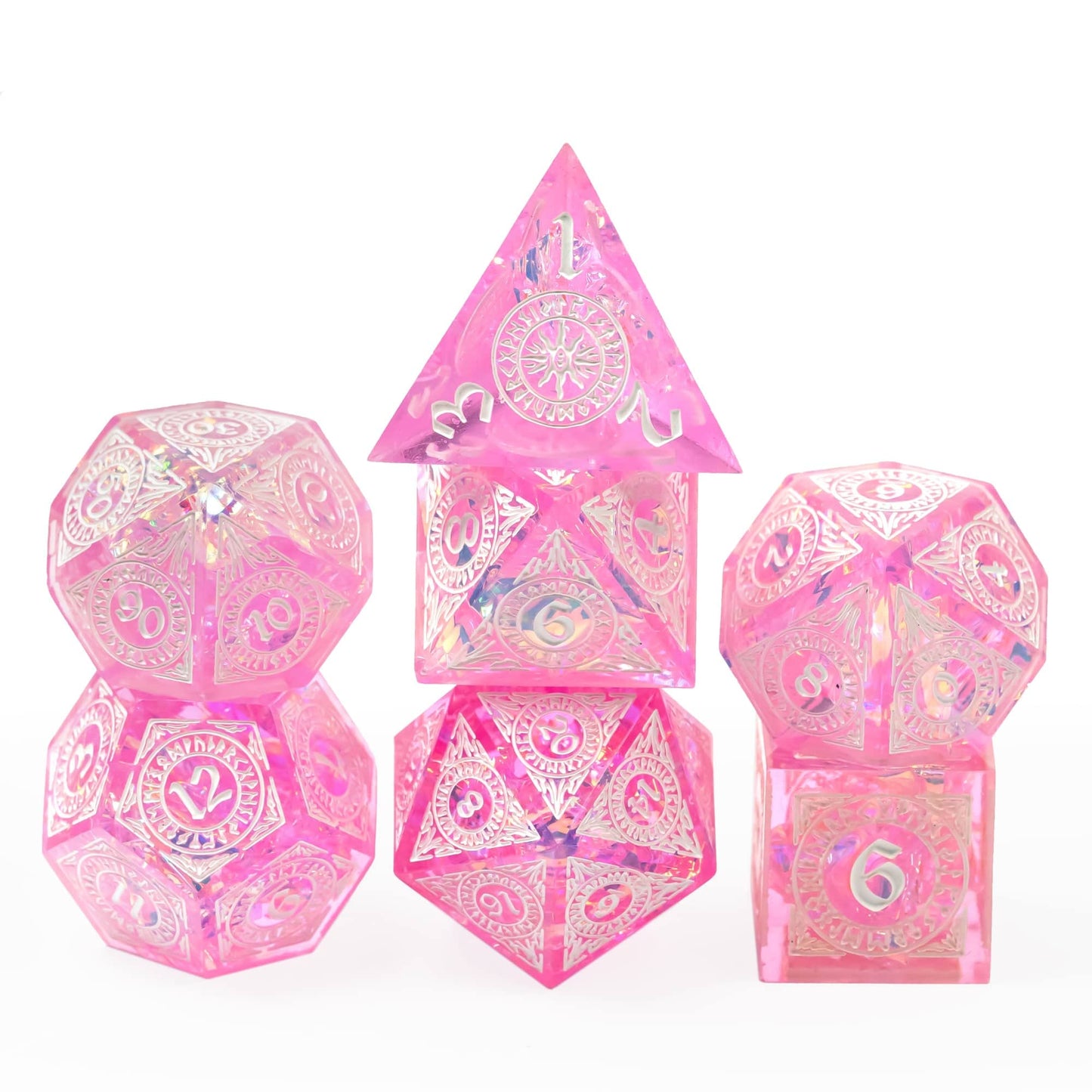 Cusdie 7-Piece Pink DND Dice Set – Sharp Edges, Handcrafted Rune-Inspired Resin Dice