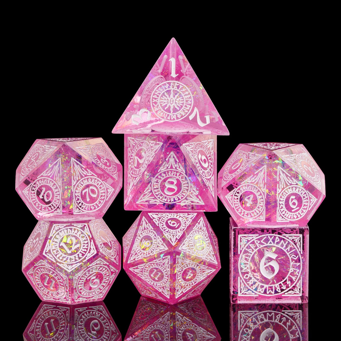 Cusdie 7-Piece Pink DND Dice Set – Sharp Edges, Handcrafted Rune-Inspired Resin Dice