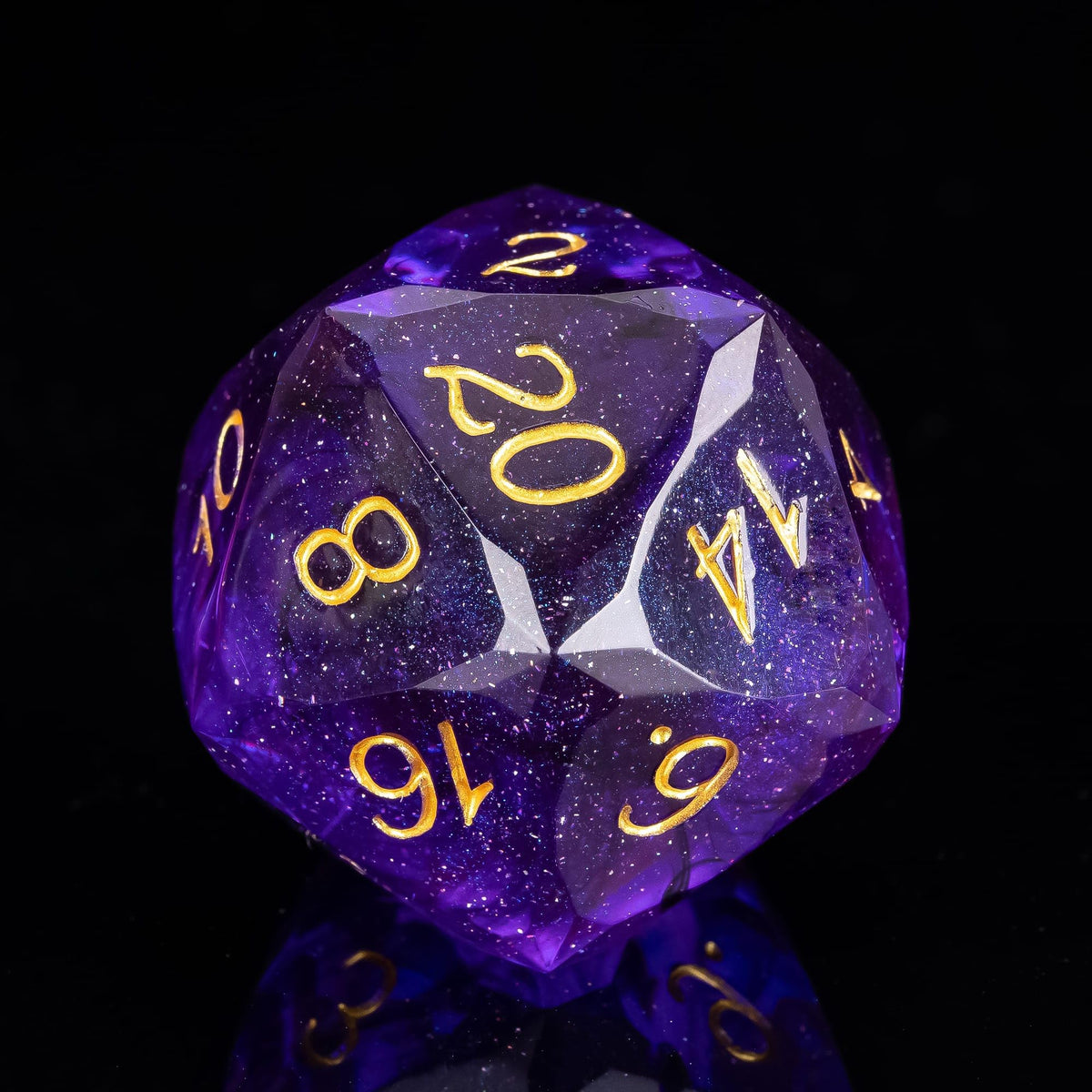 Cusdie Purple & Black D20 Dice — Cut Sharp Edges, Glitter Foil, 30mm Handcrafted