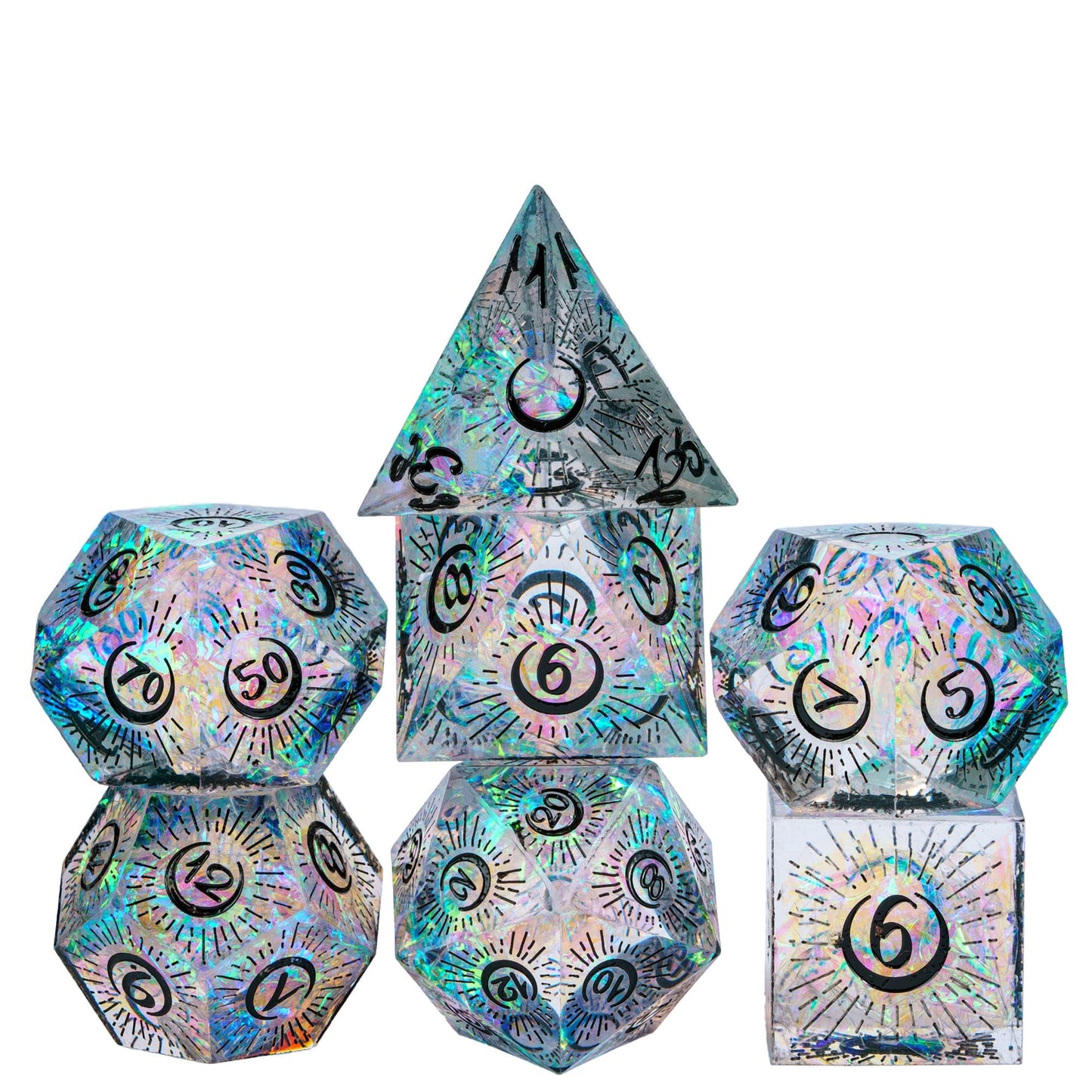 Cusdie Sharp Edges Moon Dice Set – 7-Piece DND Dice for RPGs (Moon/Black)
