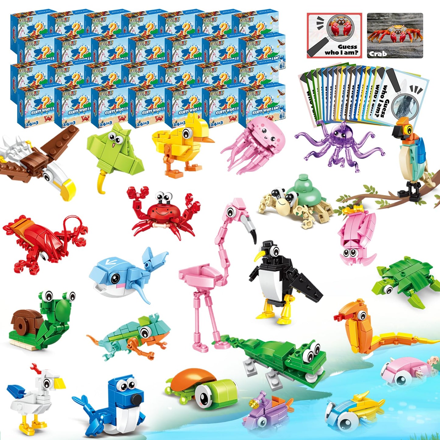 Custoduy 24-Pack Valentines Party Favors – 779 Pcs Animal Blocks (6-in-1 & 12-in-1) with Cards