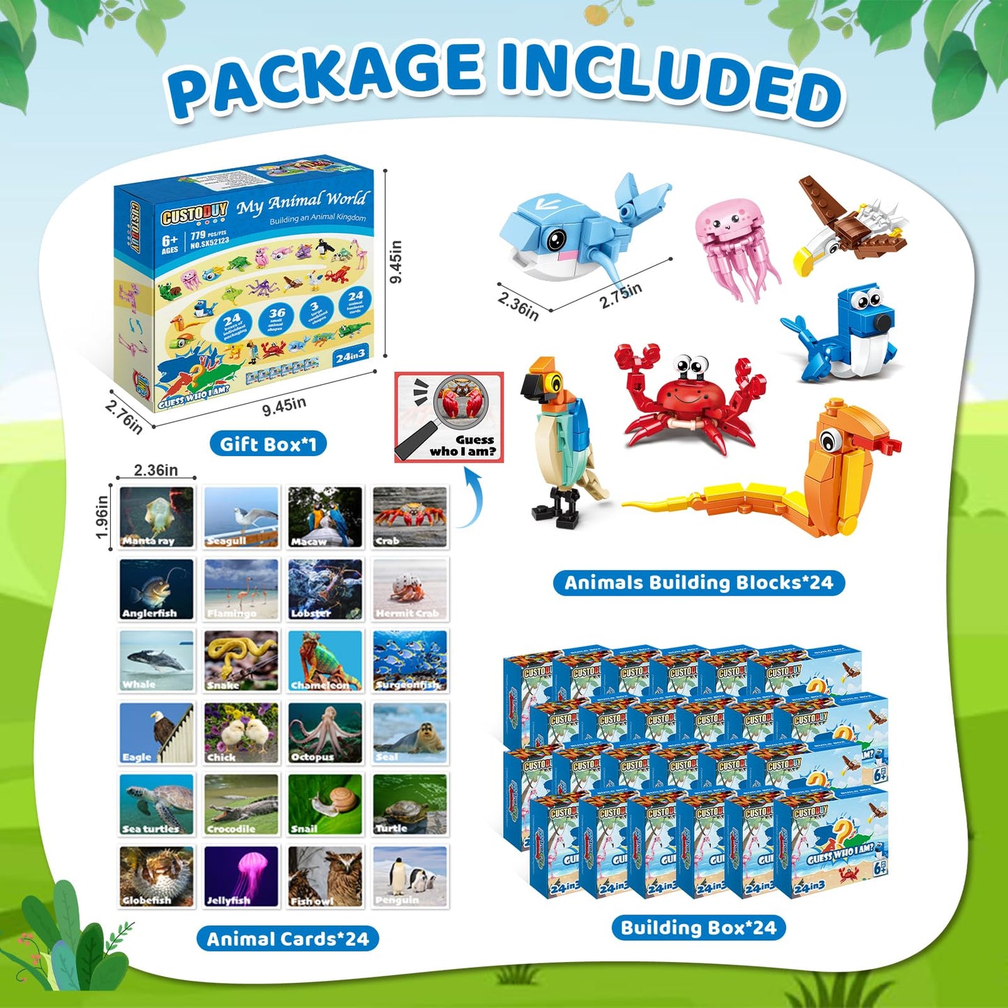 Custoduy 24-Pack Valentines Party Favors – 779 Pcs Animal Blocks (6-in-1 & 12-in-1) with Cards