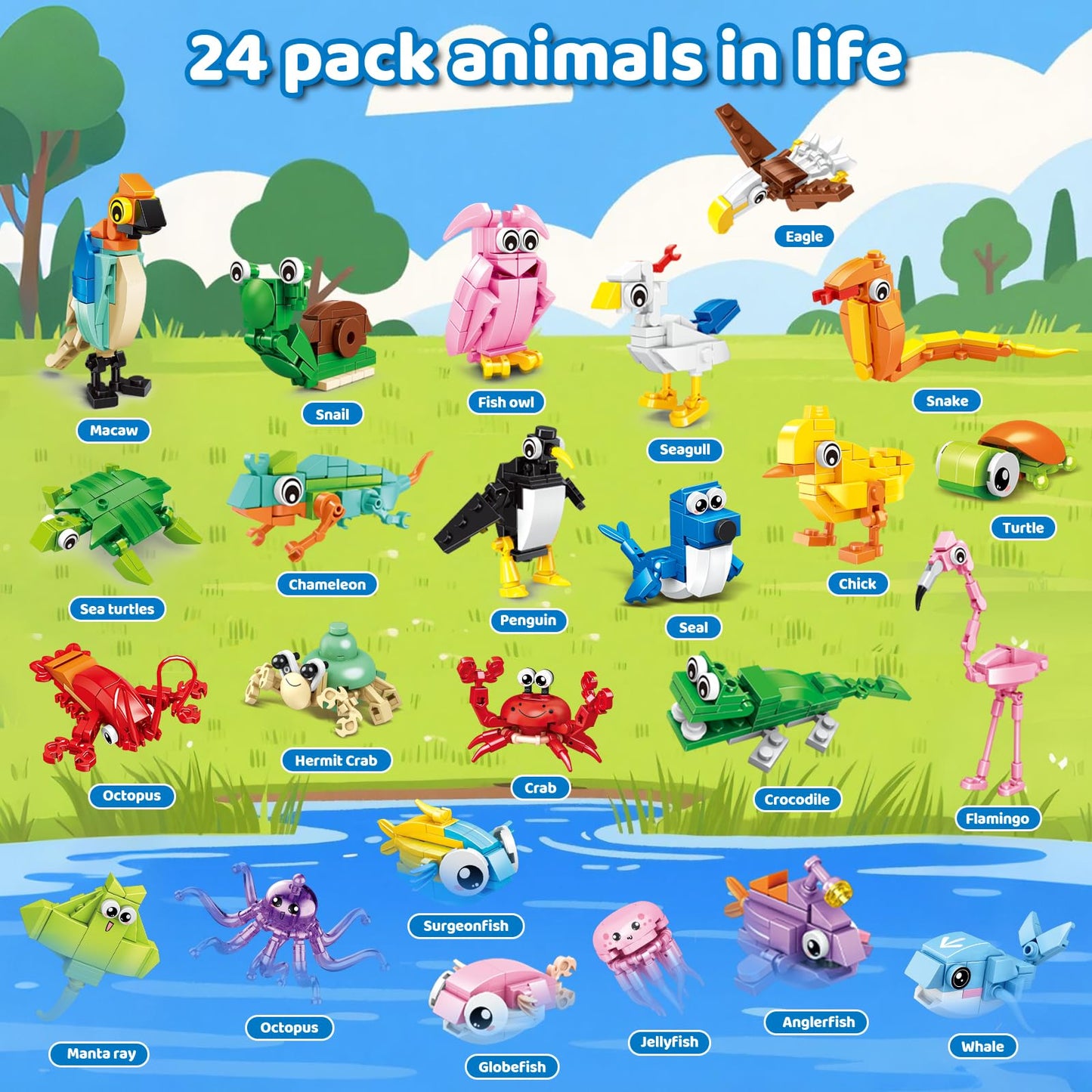 Custoduy 24-Pack Valentines Party Favors – 779 Pcs Animal Blocks (6-in-1 & 12-in-1) with Cards