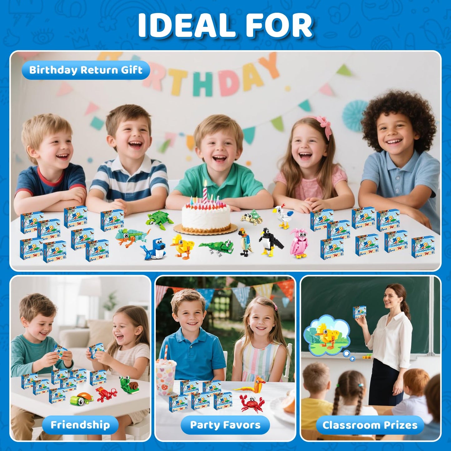 Custoduy 24-Pack Valentines Party Favors – 779 Pcs Animal Blocks (6-in-1 & 12-in-1) with Cards
