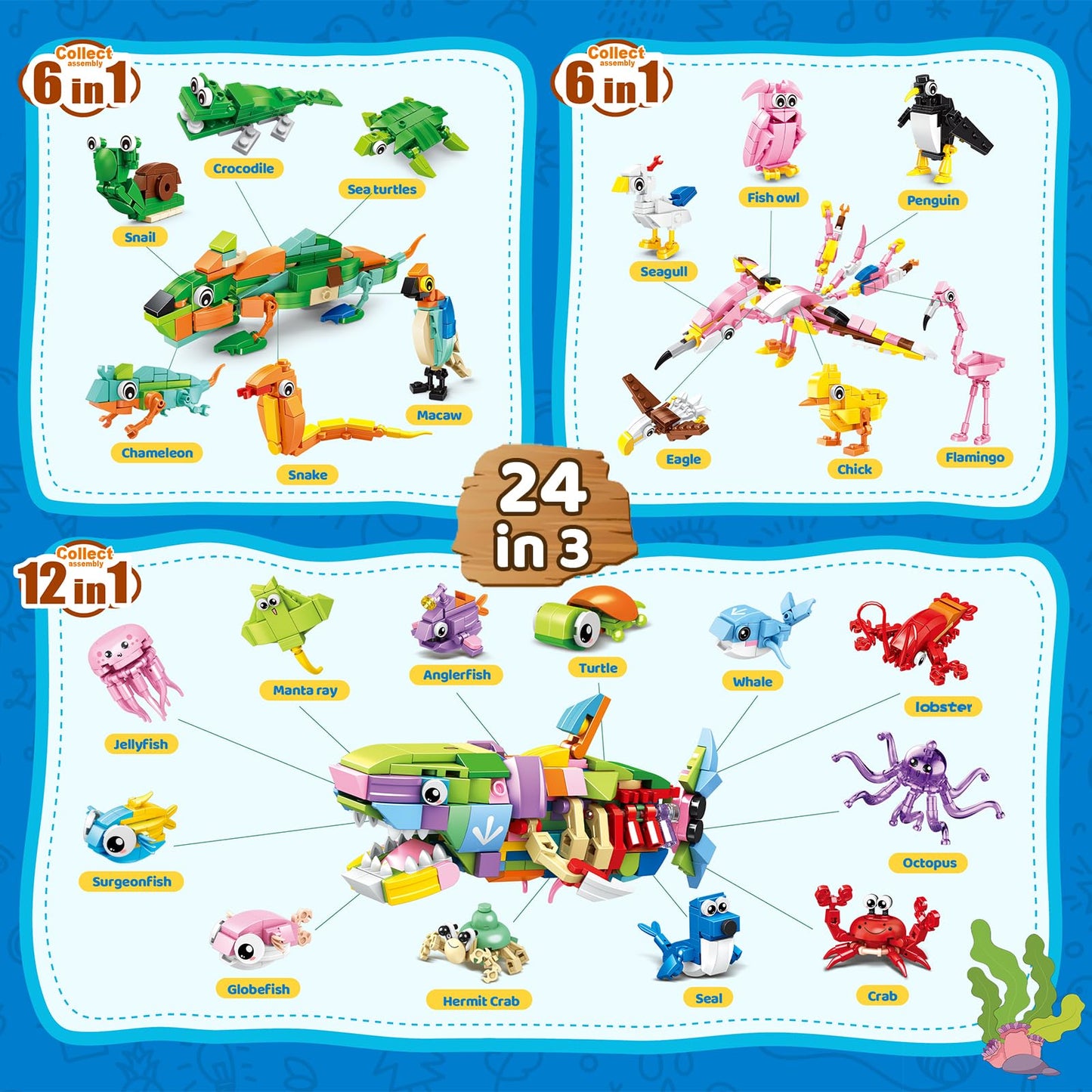 Custoduy 24-Pack Valentines Party Favors – 779 Pcs Animal Blocks (6-in-1 & 12-in-1) with Cards