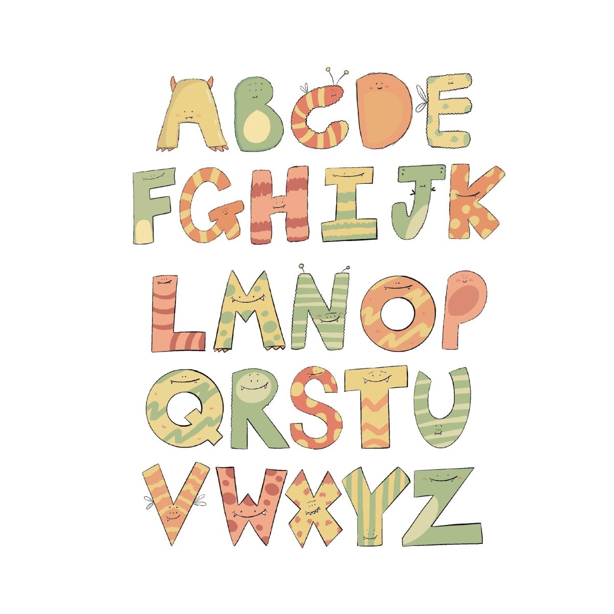 Cute Monster Themed Alphabet Art For Kids Print