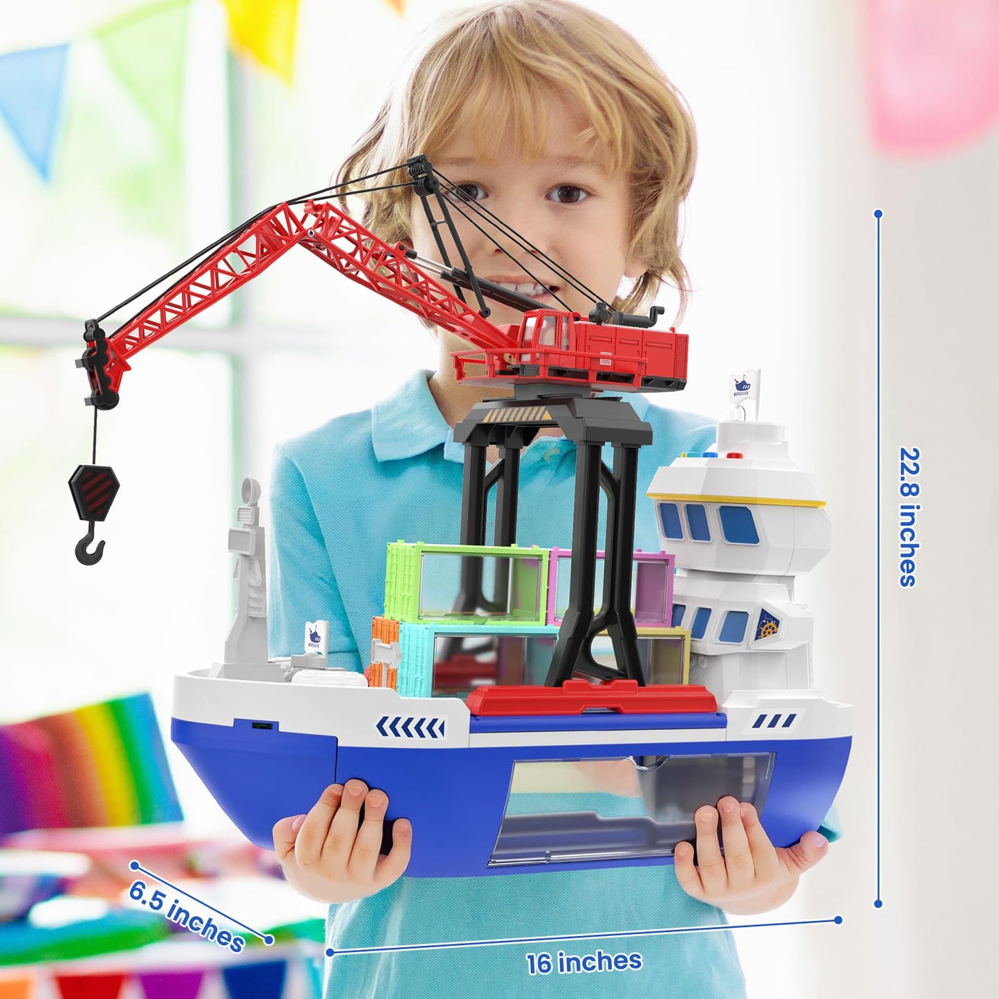 CUTE STONE 2-in-1 Toy Boat & Tower Crane Playset with Lights & Sounds | Push-Go Transport Ship