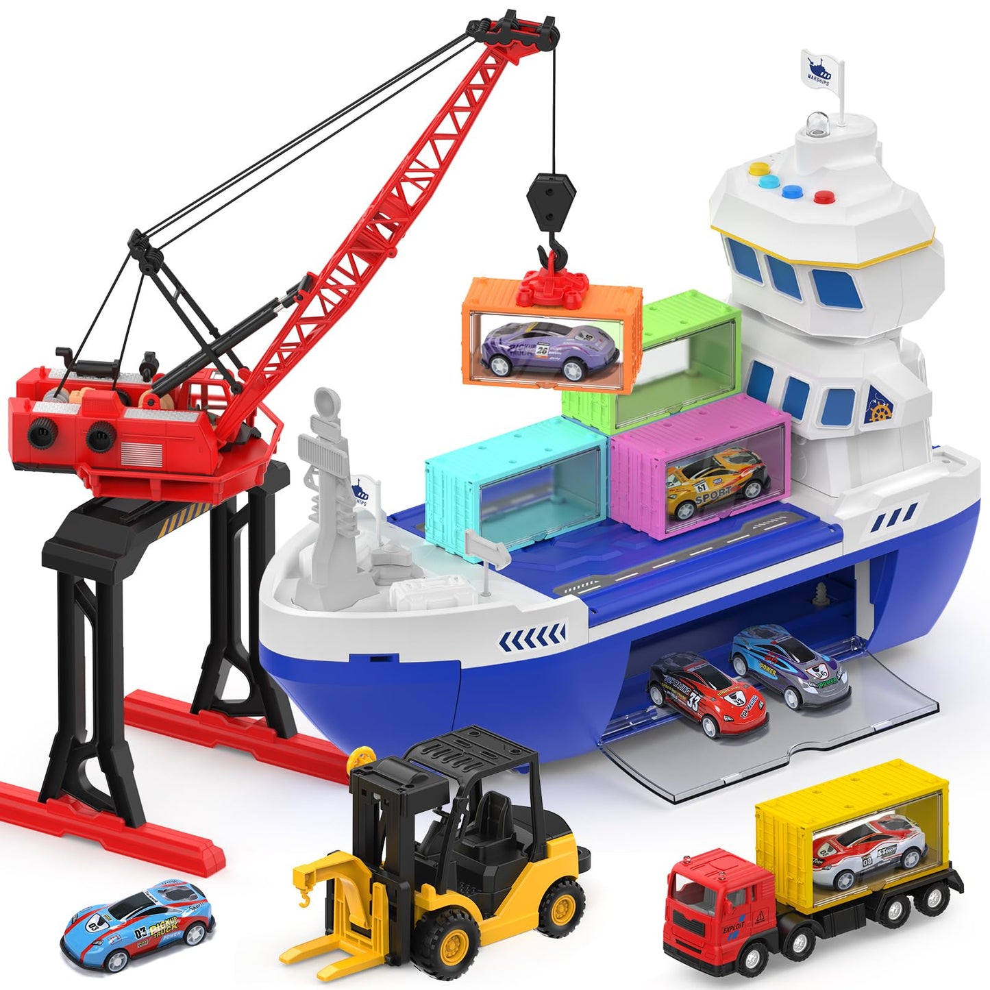 CUTE STONE 2-in-1 Toy Boat & Tower Crane Playset with Lights & Sounds | Push-Go Transport Ship