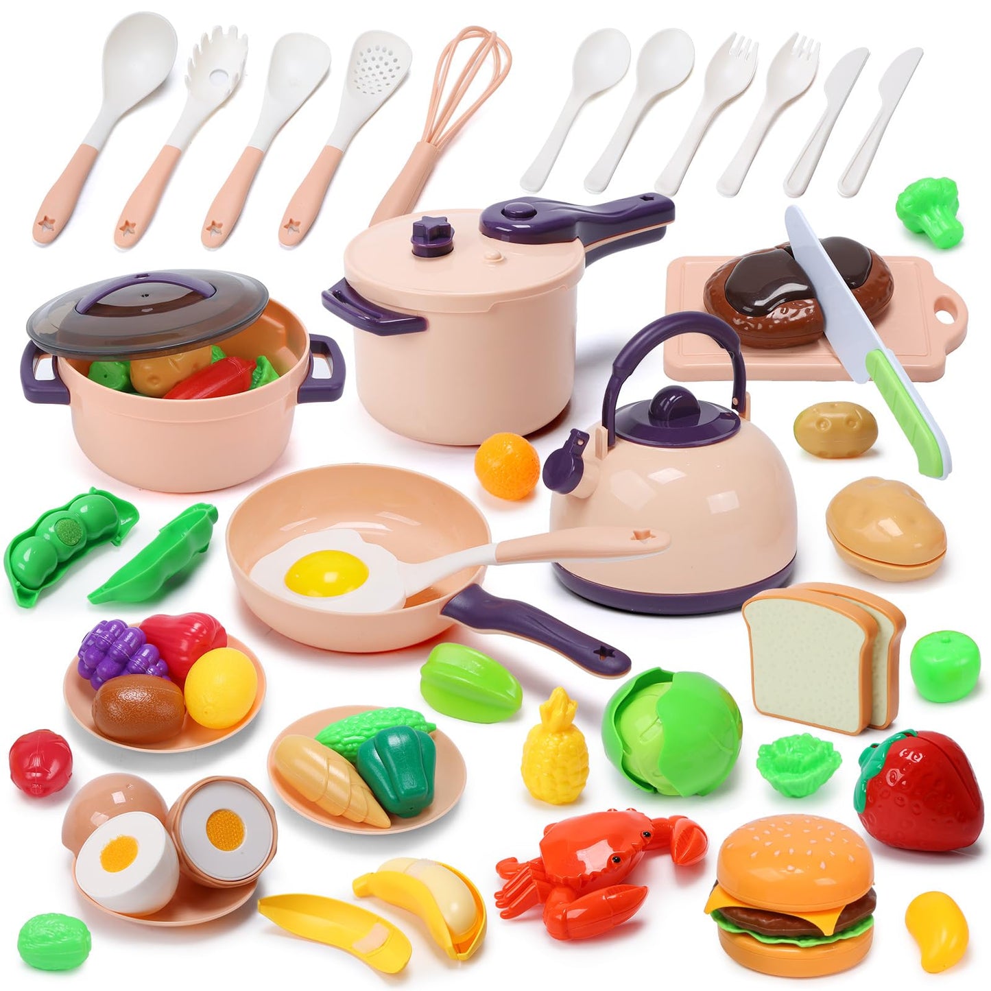 CUTE STONE 51-Piece Mini Play Kitchen Accessories for Kids | Pretend Cooking Set with Pots, Pans, Utensils & Fruits