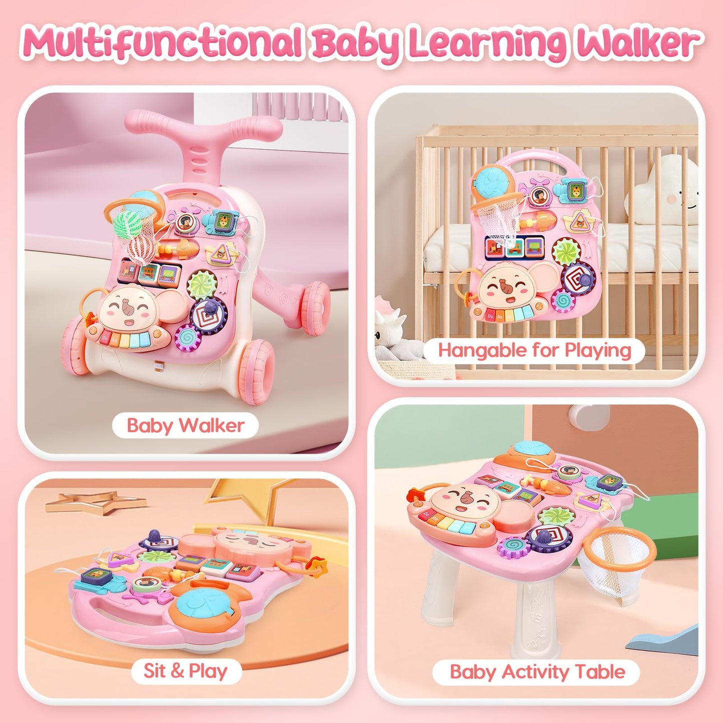 CUTE STONE 2-in-1 Baby Walker for Girls – Learning Push Walker with Detachable Activity Center