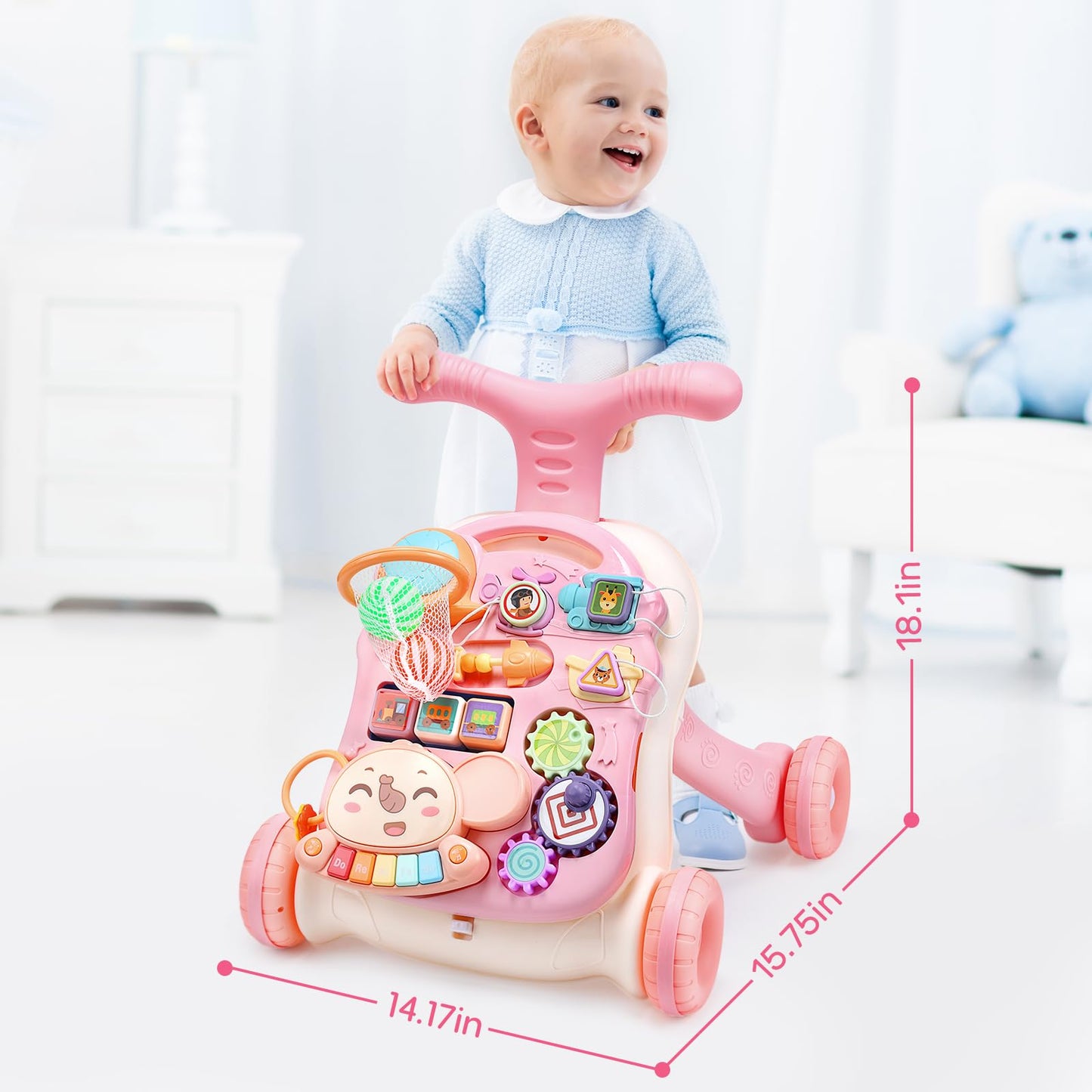 CUTE STONE 2-in-1 Baby Walker for Girls – Learning Push Walker with Detachable Activity Center
