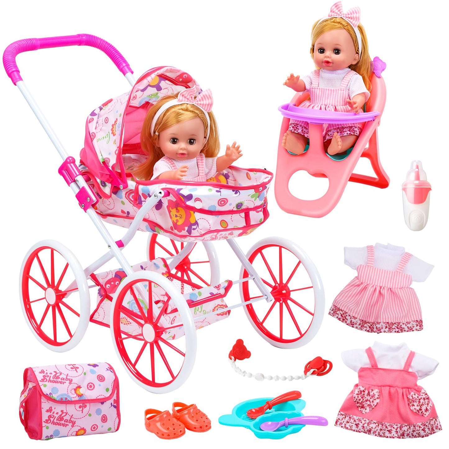 CUTE STONE Baby Doll Playset with Stroller – 12-inch Doll, High Chair & Accessories