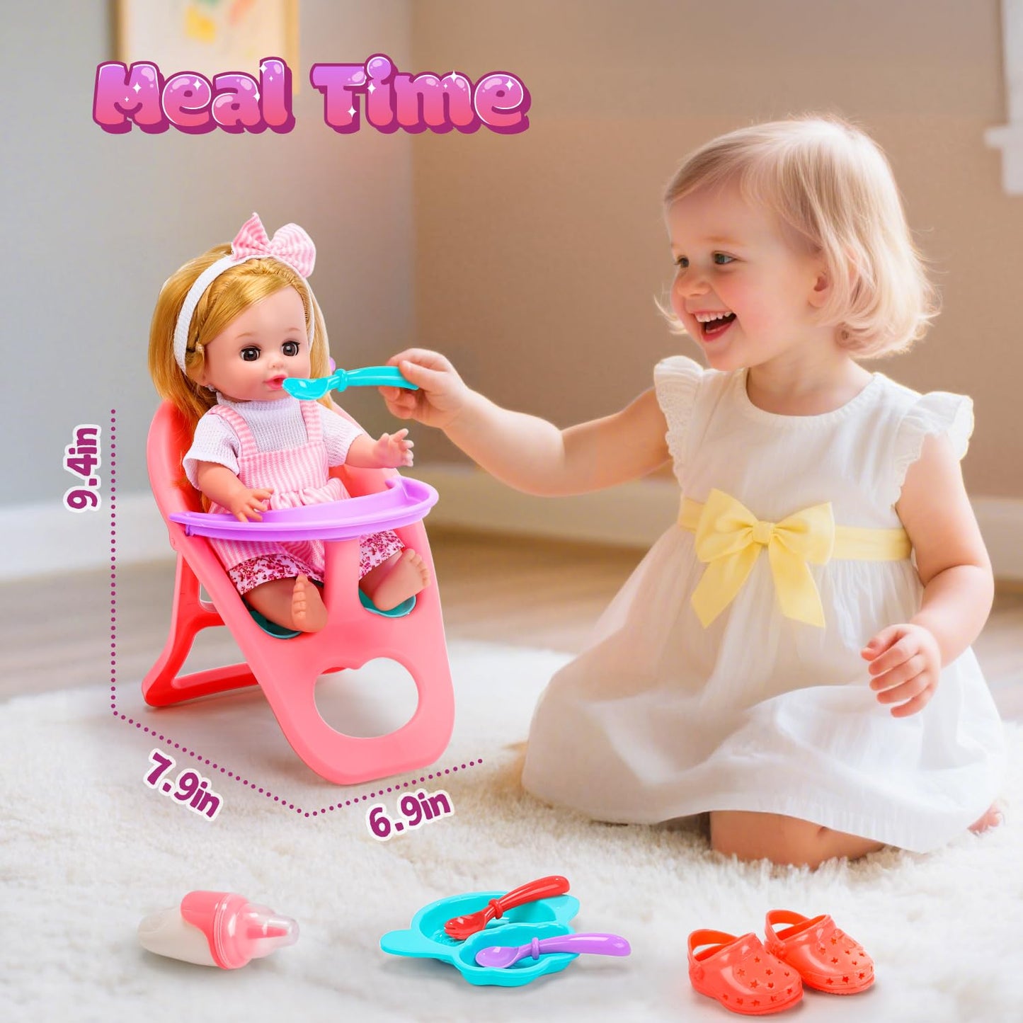 CUTE STONE Baby Doll Playset with Stroller – 12-inch Doll, High Chair & Accessories