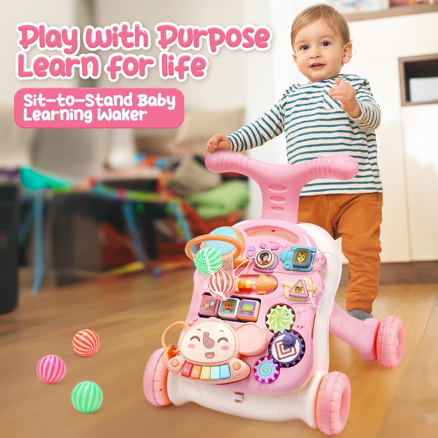 CUTE STONE 2-in-1 Baby Walker for Girls – Learning Push Walker with Detachable Activity Center