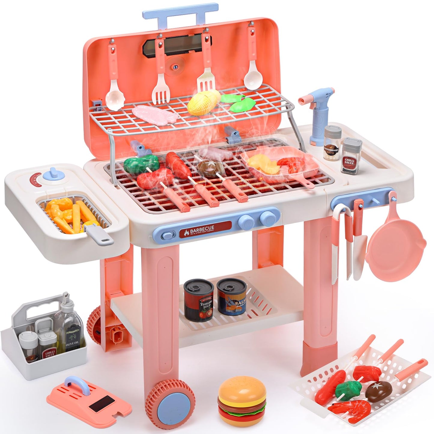 CUTE STONE BBQ Grill Toys for Kids – Color-Changing Food, Mist Spray & Sizzling Lights on Wheels