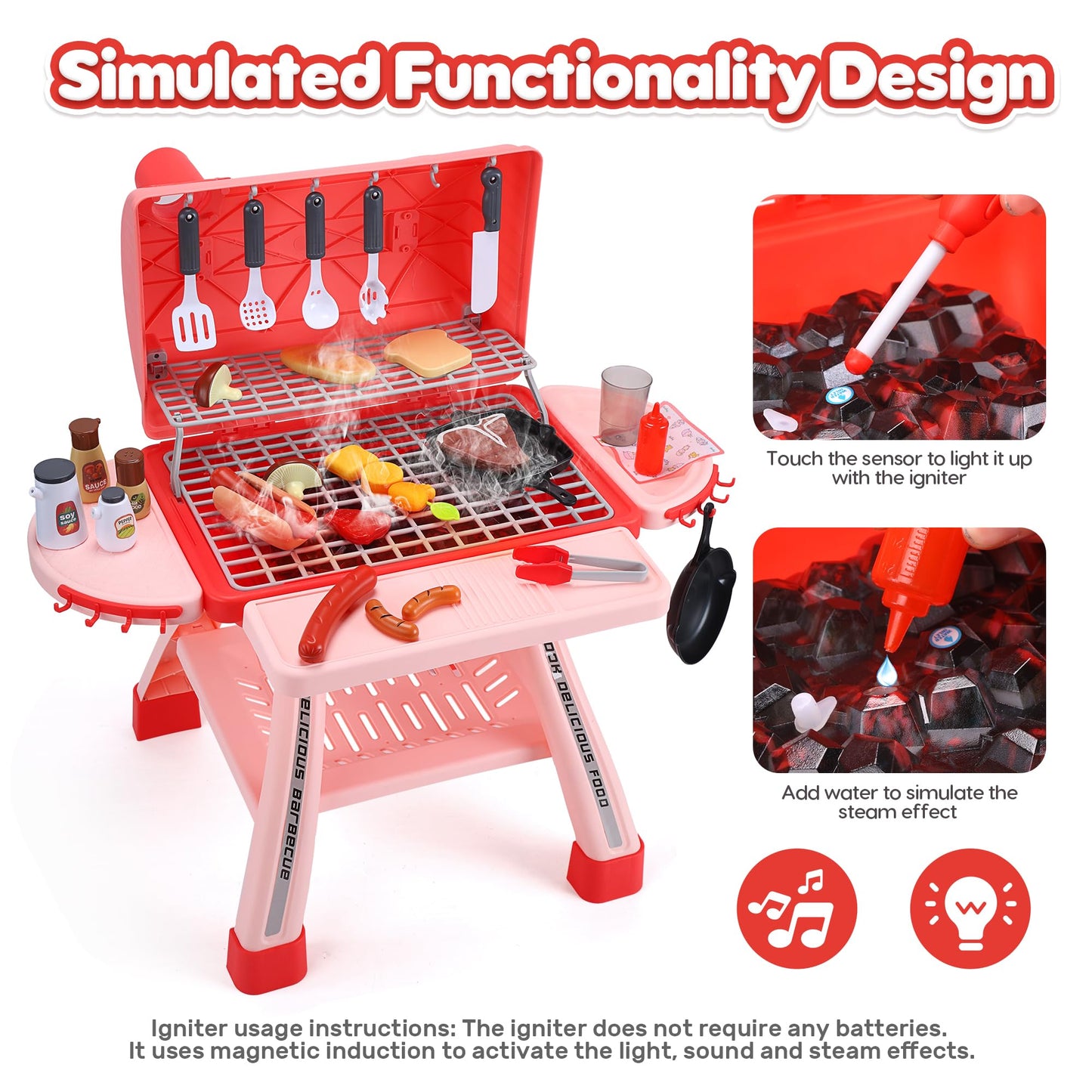 CUTE STONE BBQ for Kids — 25-Inch Grill Playset with Sound, Lights & Mist