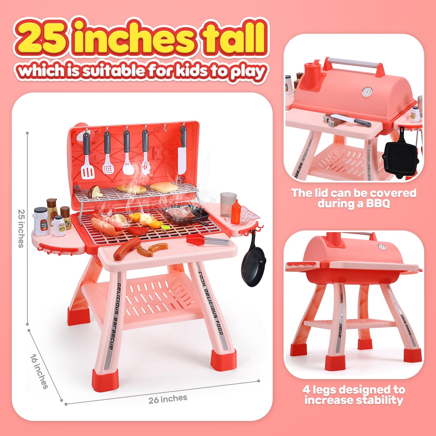 CUTE STONE BBQ for Kids — 25-Inch Grill Playset with Sound, Lights & Mist