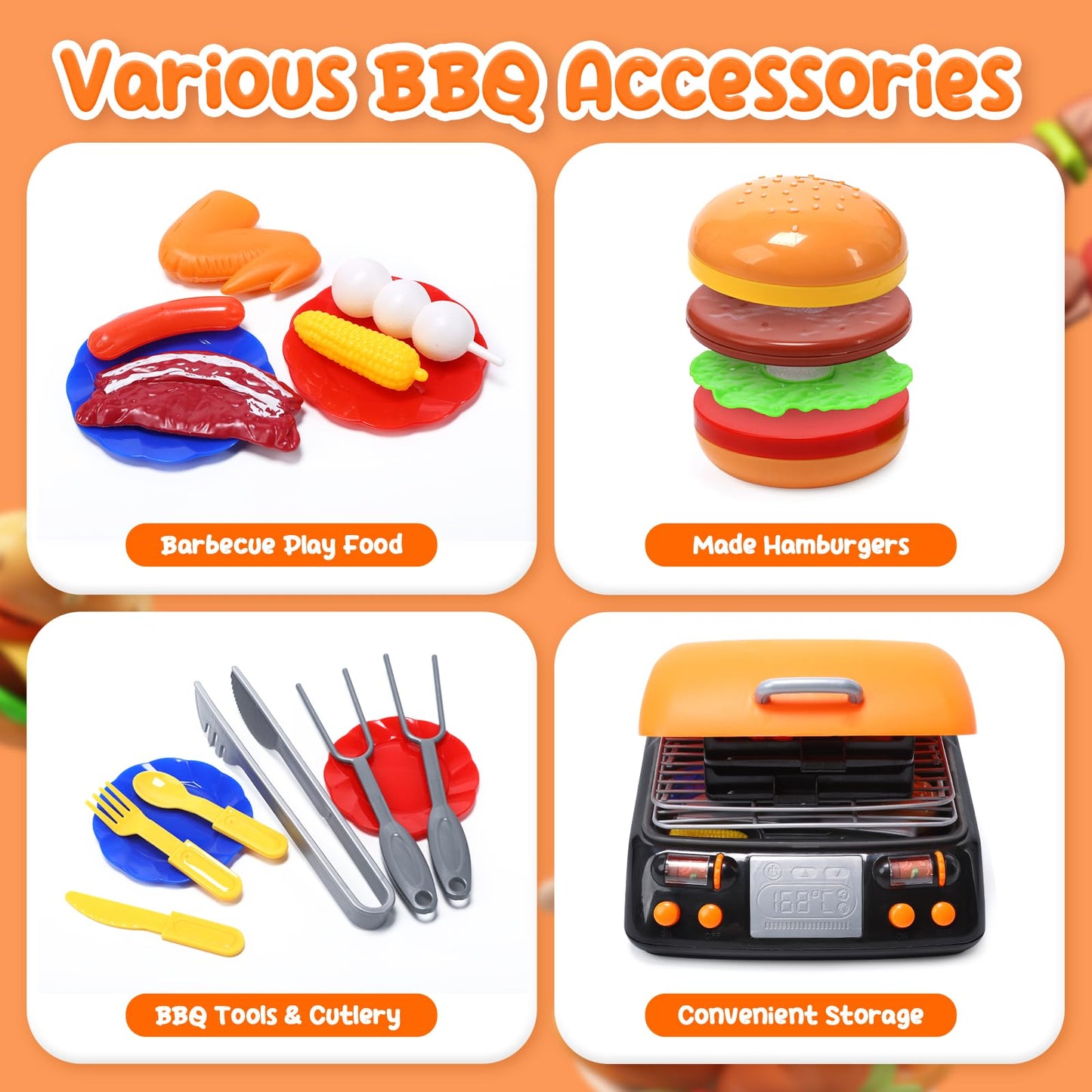 CUTE STONE Cooking Toy BBQ Set – 2-Layer Grill with Play Food, Sound & Light